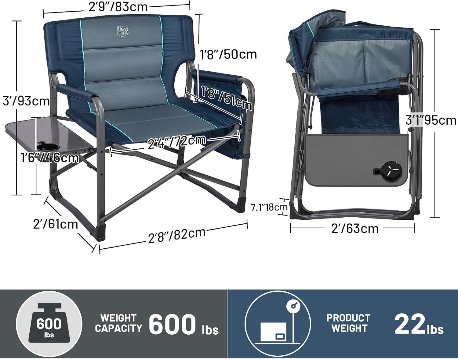imageTIMBER RIDGE XXL Upgraded Oversized Directors Chairs with Foldable Side Table Detachable Side Pocket Heavy Duty Folding Camping Chair up to 600 Lbs Weight Capacity Grey Ideal Gift 2 PackBlue