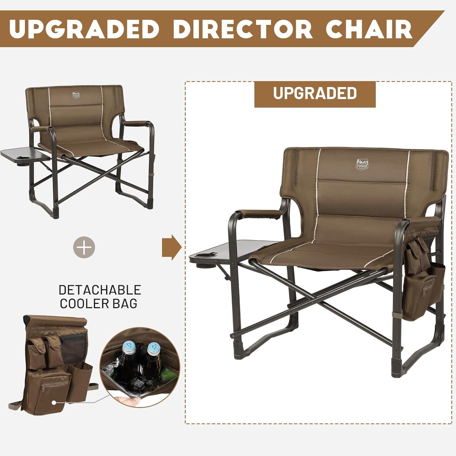 imageTIMBER RIDGE XXL Upgraded Oversized Directors Chairs with Foldable Side Table Detachable Side Pocket Heavy Duty Folding Camping Chair up to 600 Lbs Weight Capacity Grey Ideal Gift 2 PackBrown