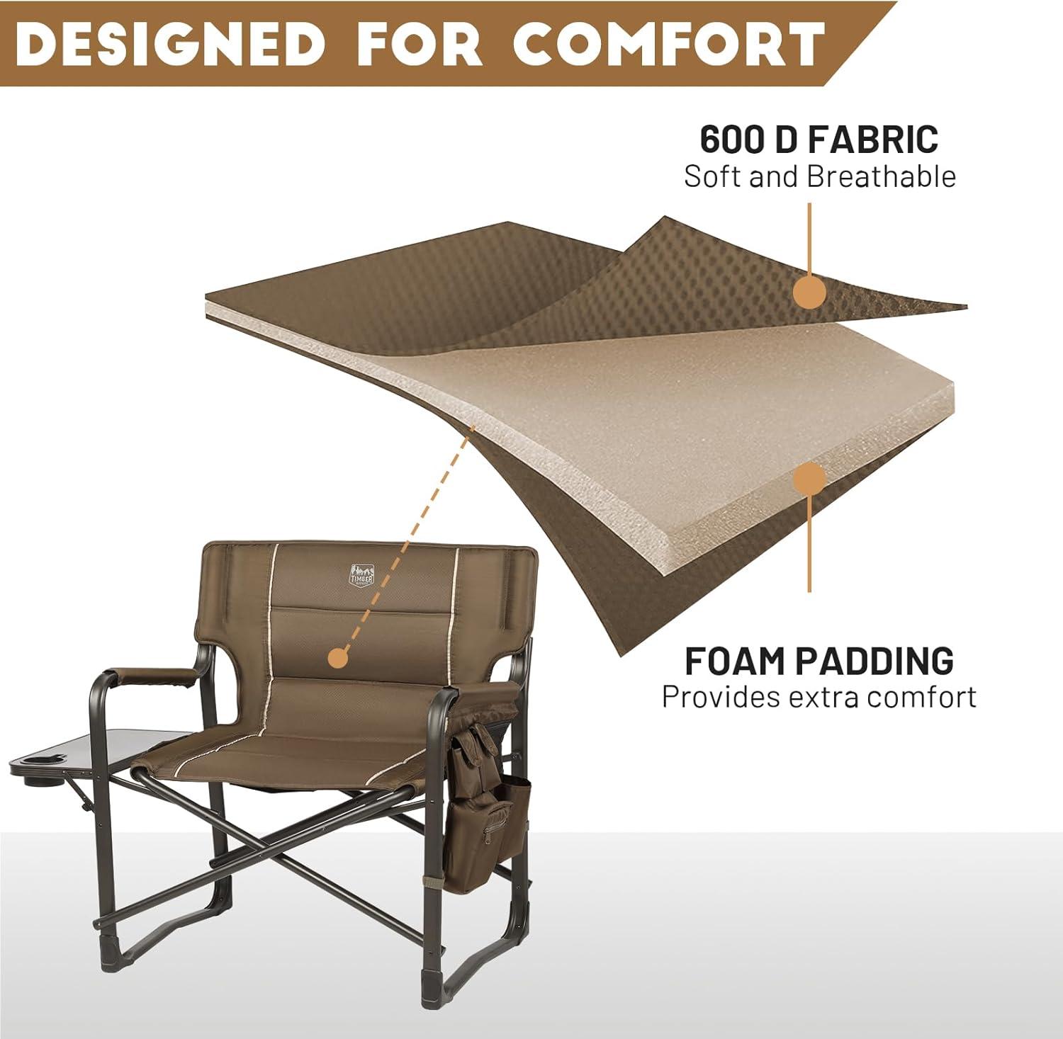 imageTIMBER RIDGE XXL Upgraded Oversized Directors Chairs with Foldable Side Table Detachable Side Pocket Heavy Duty Folding Camping Chair up to 600 Lbs Weight Capacity Grey Ideal Gift 2 PackBrown