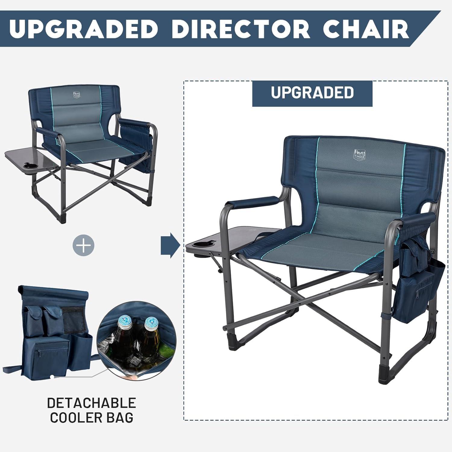 imageTIMBER RIDGE XXL Upgraded Oversized Directors Chairs with Foldable Side Table Detachable Side Pocket Heavy Duty Folding Camping Chair up to 600 Lbs Weight Capacity Grey Ideal Gift 2 PackBlue2 Pack