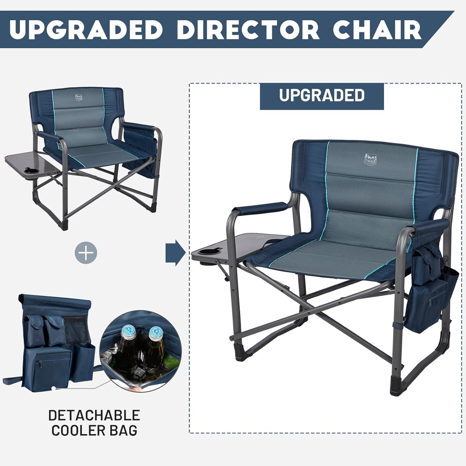 imageTIMBER RIDGE XXL Upgraded Oversized Directors Chairs with Foldable Side Table Detachable Side Pocket Heavy Duty Folding Camping Chair up to 600 Lbs Weight Capacity Grey Ideal Gift 2 PackBlue
