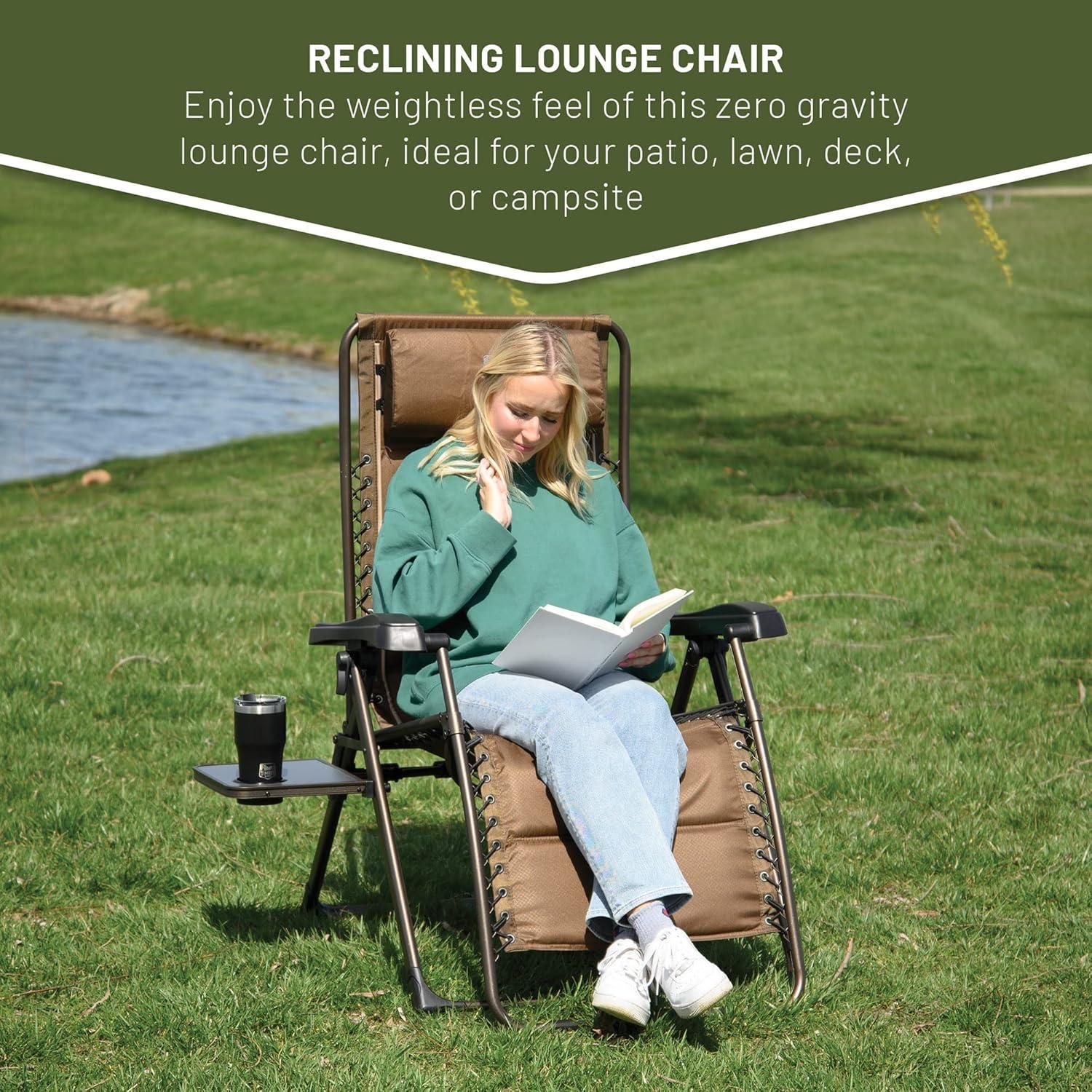 imageTIMBER RIDGE Zero Gravity Chairs Folding Recliner Chair Padded with Cup Holder and Headrest Adjustable Lounge Reclining Chair for Outdoor Camping Lawn Patio Indoor Supports 350lbs BrownBrown