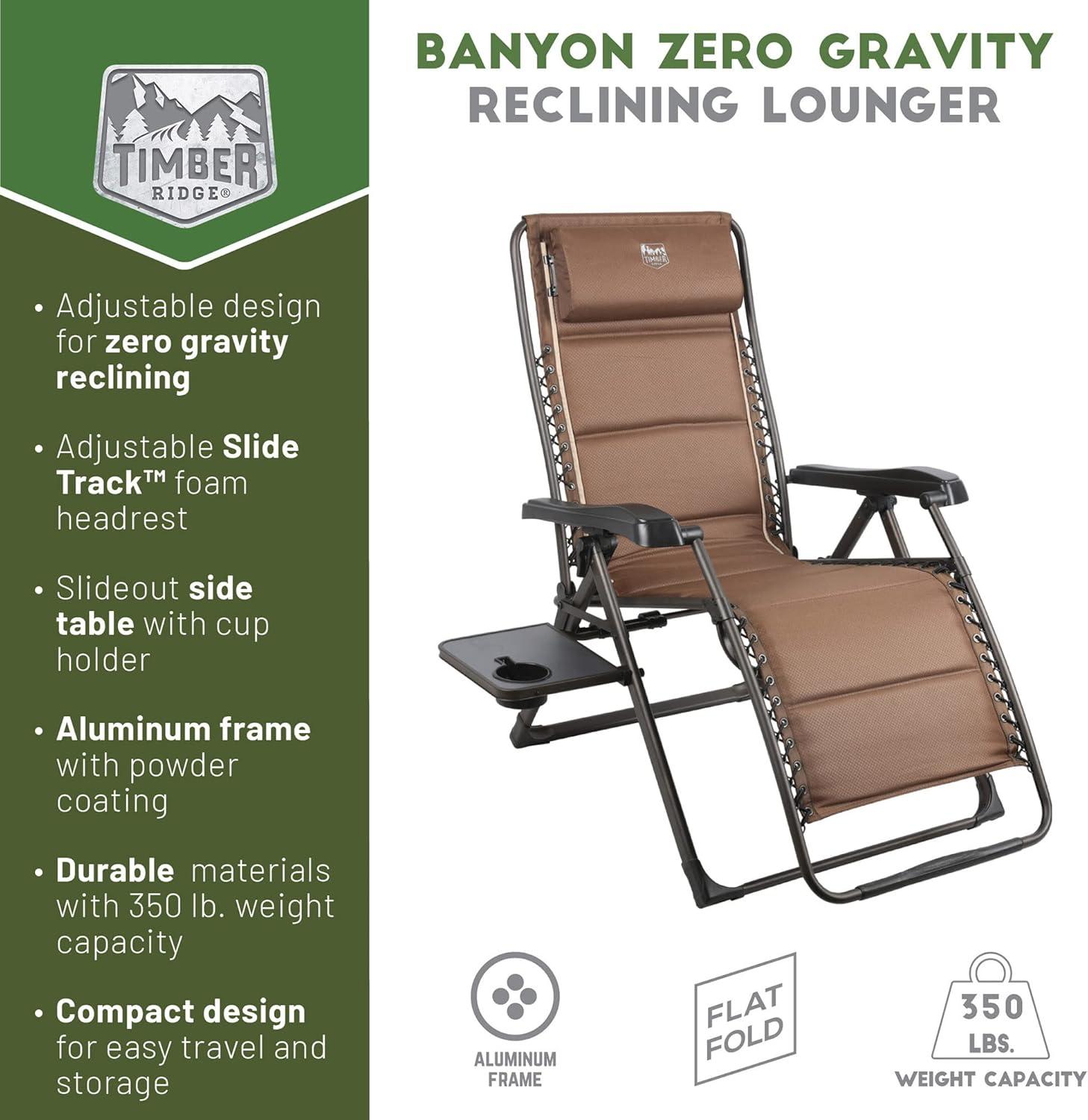 imageTIMBER RIDGE Zero Gravity Chairs Folding Recliner Chair Padded with Cup Holder and Headrest Adjustable Lounge Reclining Chair for Outdoor Camping Lawn Patio Indoor Supports 350lbs BrownBrown