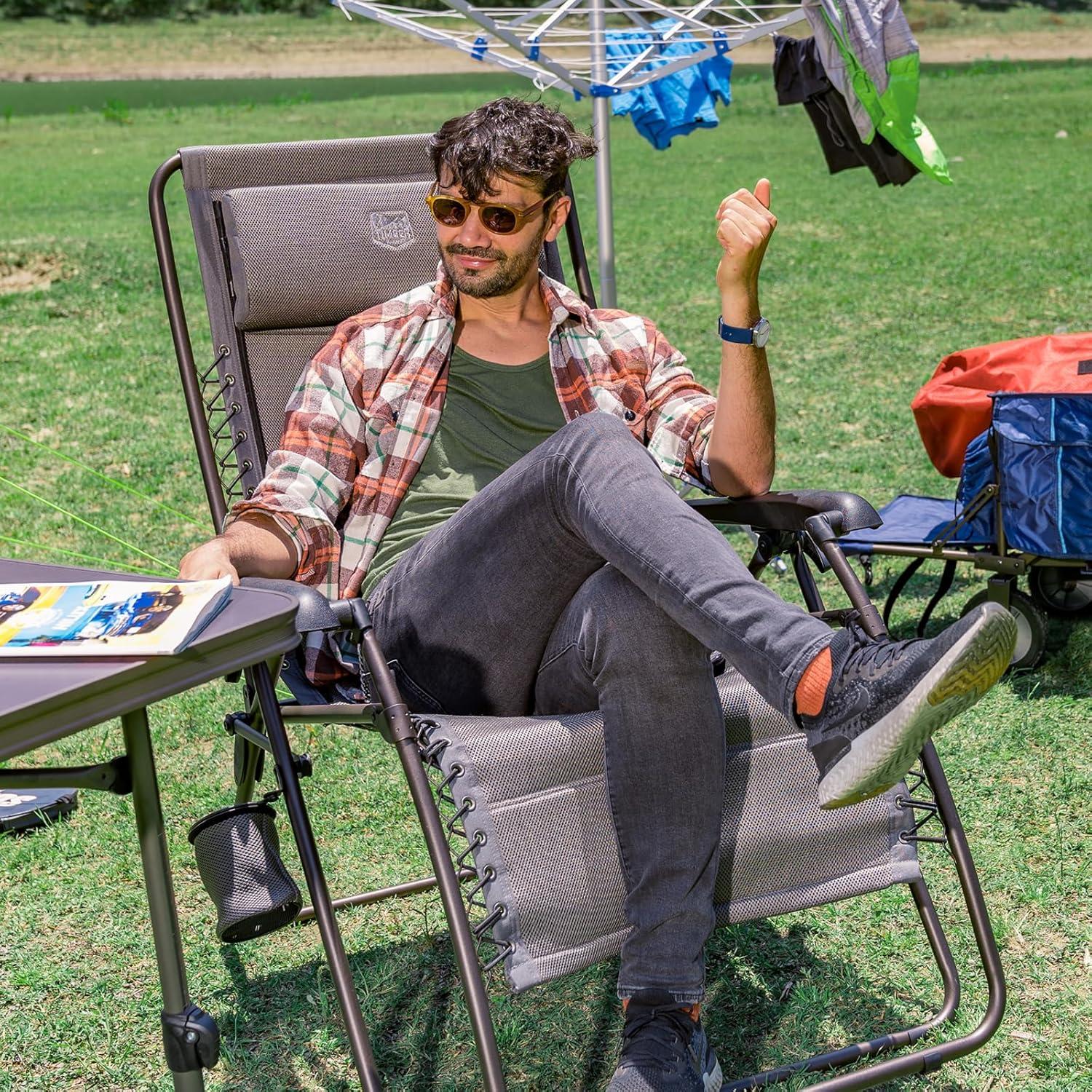 imageTIMBER RIDGE Zero Gravity Chairs Folding Recliner Chair Padded with Cup Holder and Headrest Adjustable Lounge Reclining Chair for Outdoor Camping Lawn Patio Indoor Supports 350lbs BrownGrey