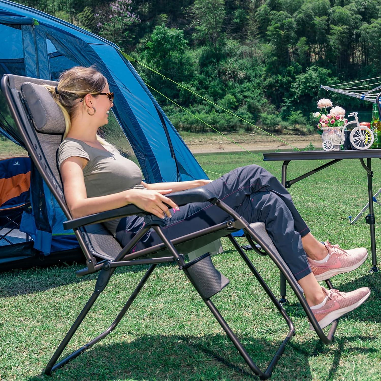 imageTIMBER RIDGE Zero Gravity Chairs Folding Recliner Chair Padded with Cup Holder and Headrest Adjustable Lounge Reclining Chair for Outdoor Camping Lawn Patio Indoor Supports 350lbs BrownGrey
