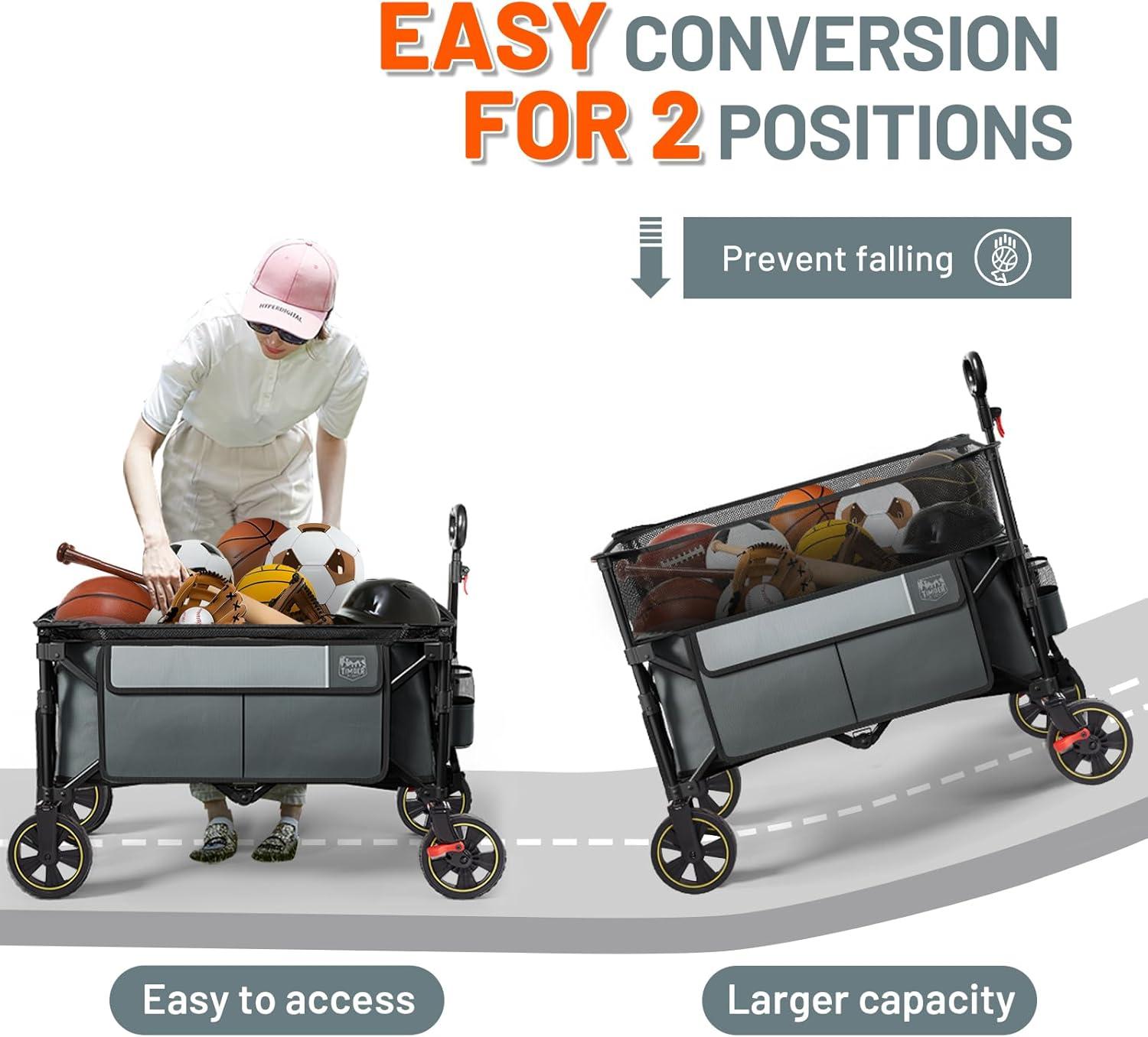 imageTimber Ridge 350L Extra Large Collapsible Folding Wagon Carts with Brake Heavy Duty Outdoor Camping Utility Wagons with Extended Height Adjustable Handle Cup Holders Side BagBlueGray
