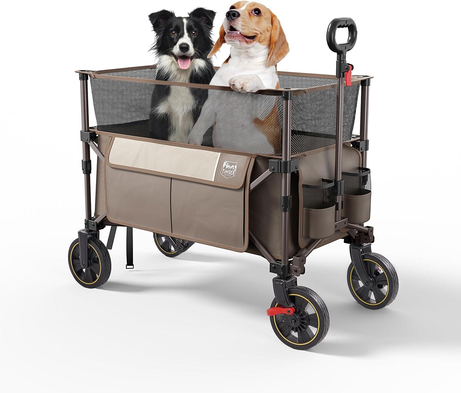 imageTimber Ridge 350L Extra Large Collapsible Folding Wagon Carts with Brake Heavy Duty Outdoor Camping Utility Wagons with Extended Height Adjustable Handle Cup Holders Side BagBlueTan