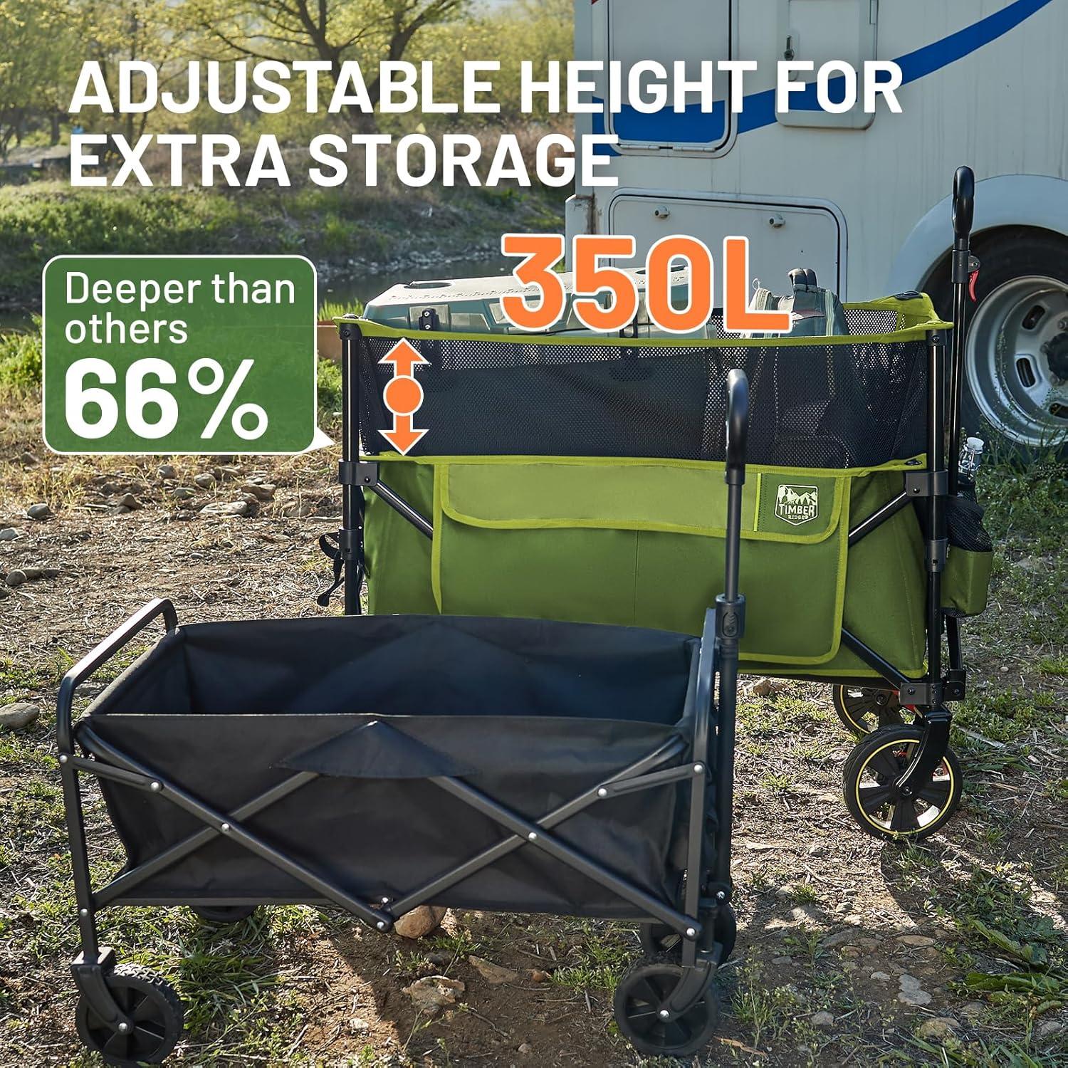 imageTimber Ridge 350L Extra Large Collapsible Folding Wagon Carts with Brake Heavy Duty Outdoor Camping Utility Wagons with Extended Height Adjustable Handle Cup Holders Side BagBlueGreen
