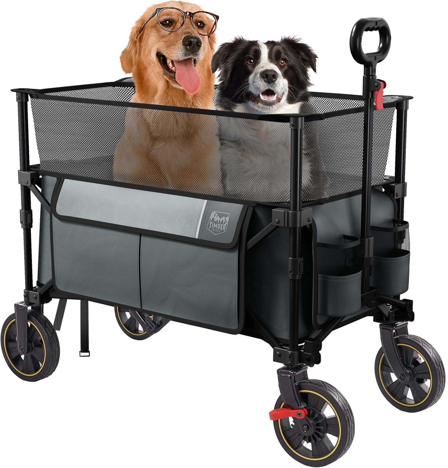 imageTimber Ridge 350L Extra Large Collapsible Folding Wagon Carts with Brake Heavy Duty Outdoor Camping Utility Wagons with Extended Height Adjustable Handle Cup Holders Side BagBlueGray
