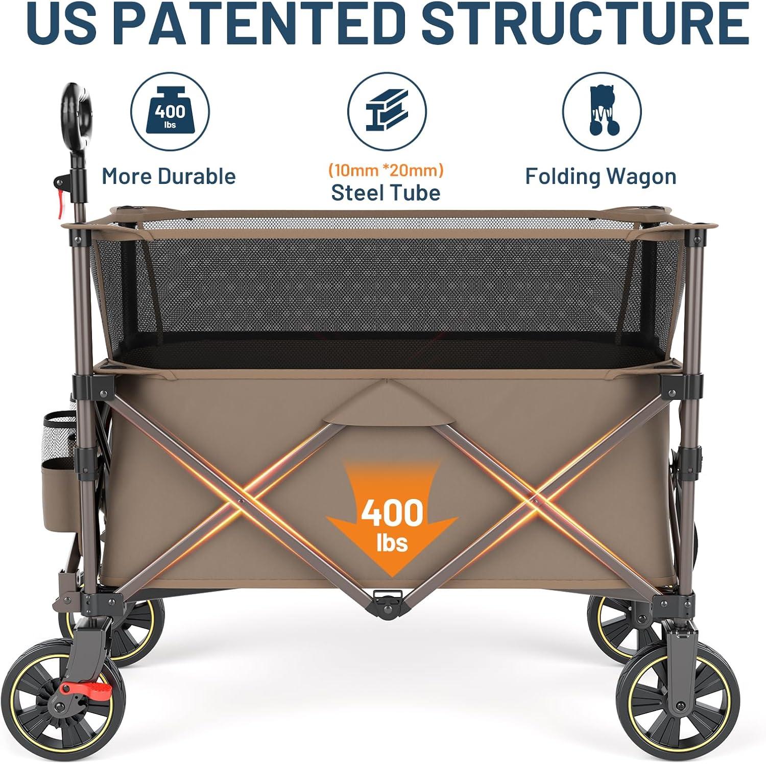 imageTimber Ridge 350L Extra Large Collapsible Folding Wagon Carts with Brake Heavy Duty Outdoor Camping Utility Wagons with Extended Height Adjustable Handle Cup Holders Side BagBlueTan
