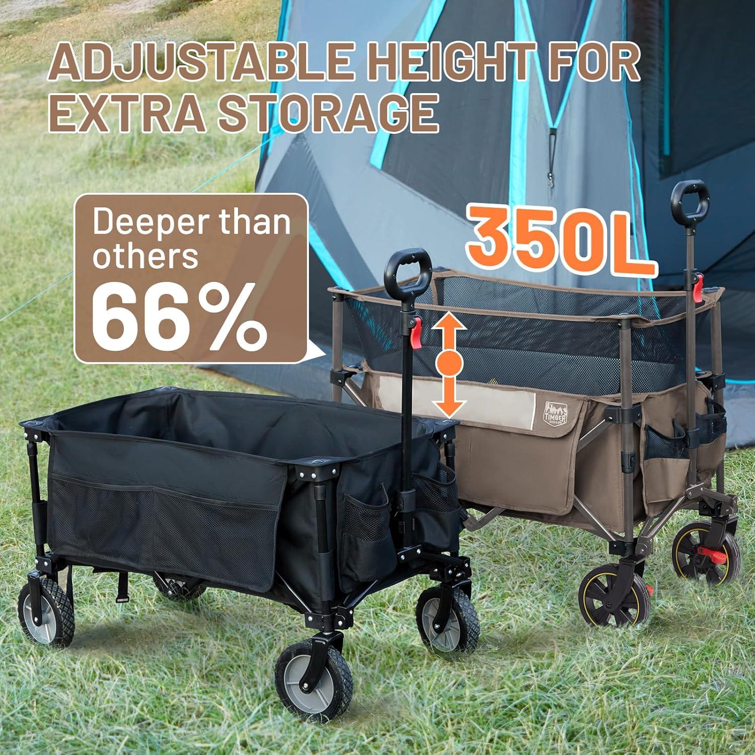 imageTimber Ridge 350L Extra Large Collapsible Folding Wagon Carts with Brake Heavy Duty Outdoor Camping Utility Wagons with Extended Height Adjustable Handle Cup Holders Side BagBlueTan