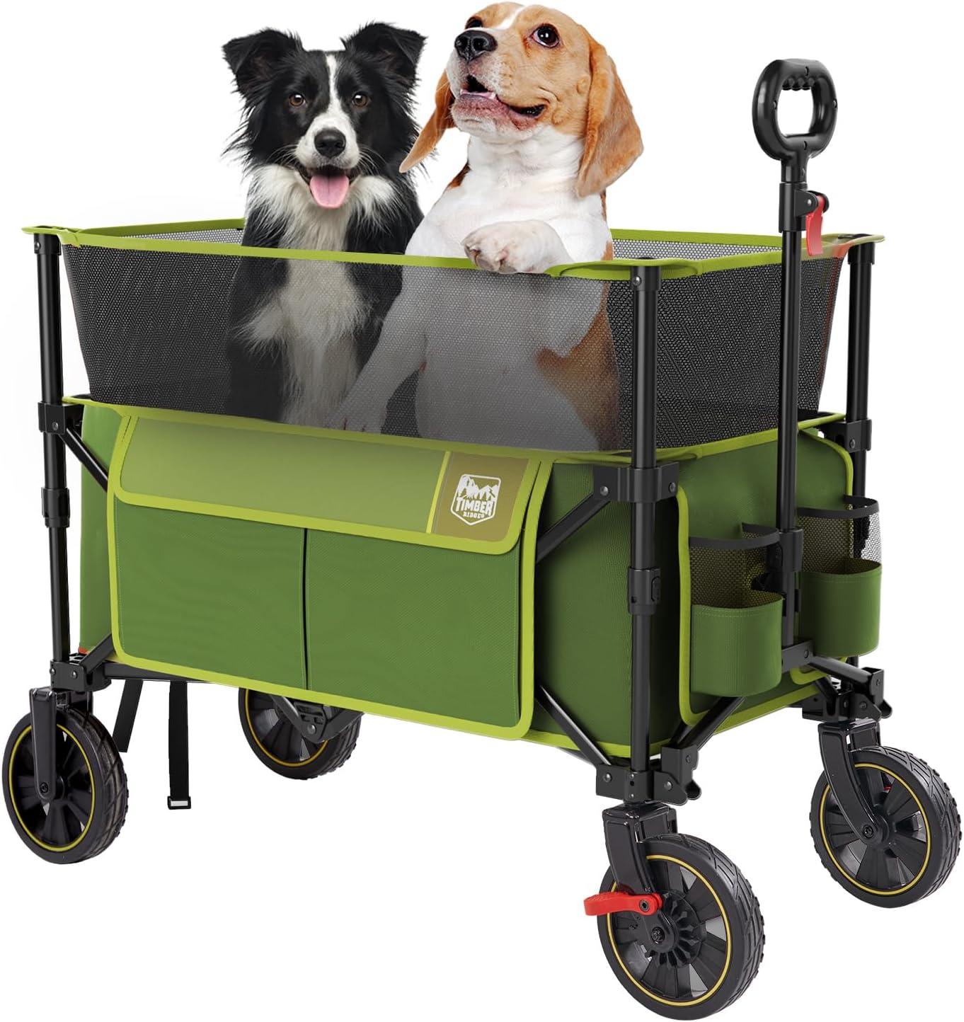 imageTimber Ridge 350L Extra Large Collapsible Folding Wagon Carts with Brake Heavy Duty Outdoor Camping Utility Wagons with Extended Height Adjustable Handle Cup Holders Side BagBlueGreen
