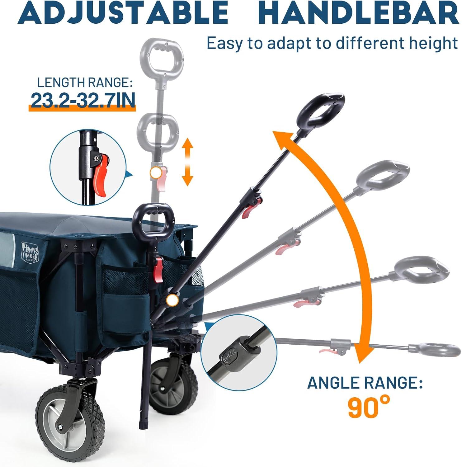 imageTimber Ridge 350L Extra Large Collapsible Folding Wagon Carts with Brake Heavy Duty Outdoor Camping Utility Wagons with Extended Height Adjustable Handle Cup Holders Side BagBlueBlue