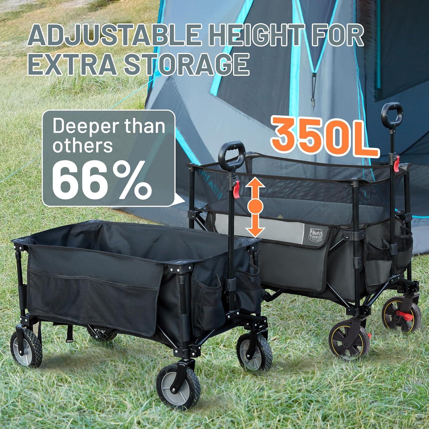 imageTimber Ridge 350L Extra Large Collapsible Folding Wagon Carts with Brake Heavy Duty Outdoor Camping Utility Wagons with Extended Height Adjustable Handle Cup Holders Side BagBlueGray
