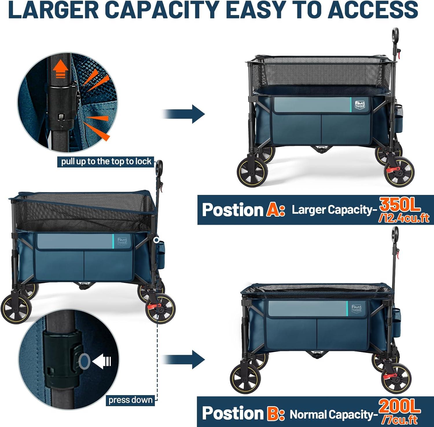 imageTimber Ridge 350L Extra Large Collapsible Folding Wagon Carts with Brake Heavy Duty Outdoor Camping Utility Wagons with Extended Height Adjustable Handle Cup Holders Side BagBlueBlue