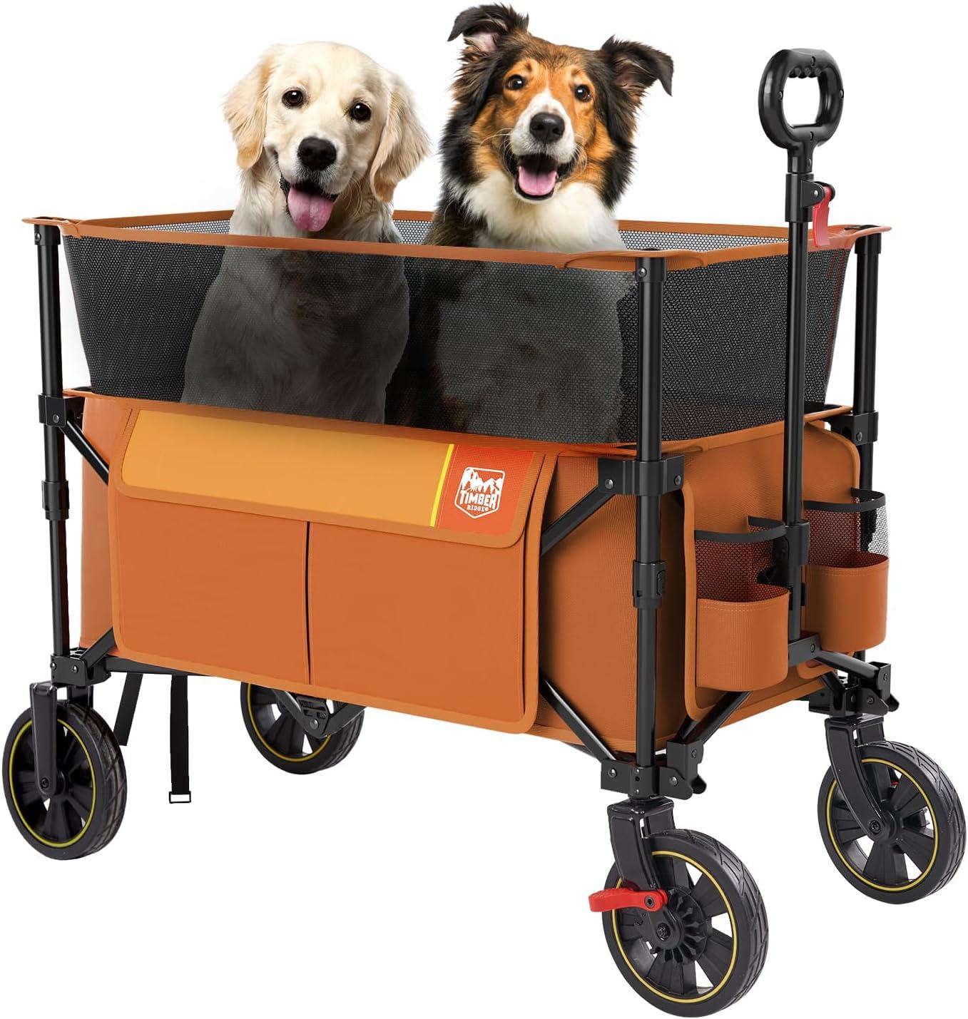 imageTimber Ridge 350L Extra Large Collapsible Folding Wagon Carts with Brake Heavy Duty Outdoor Camping Utility Wagons with Extended Height Adjustable Handle Cup Holders Side BagBlueOrange