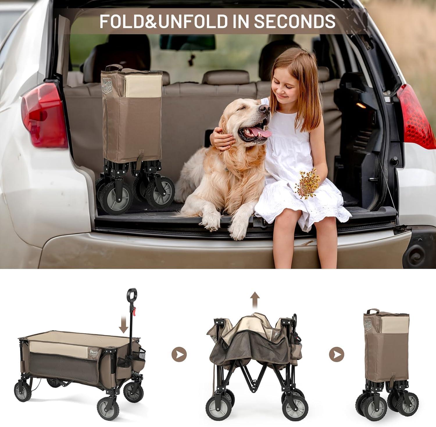 imageTimber Ridge 350L Extra Large Collapsible Folding Wagon Carts with Brake Heavy Duty Outdoor Camping Utility Wagons with Extended Height Adjustable Handle Cup Holders Side BagBlueTan