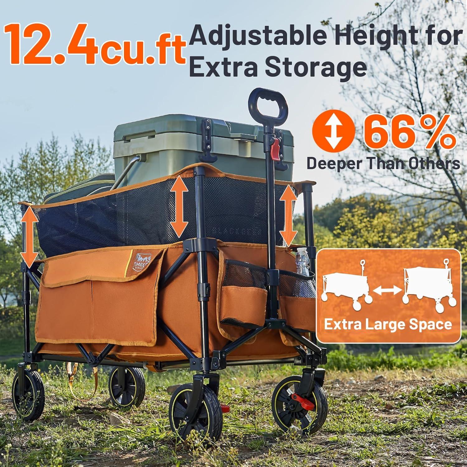 imageTimber Ridge 350L Extra Large Collapsible Folding Wagon Carts with Brake Heavy Duty Outdoor Camping Utility Wagons with Extended Height Adjustable Handle Cup Holders Side BagBlueOrange