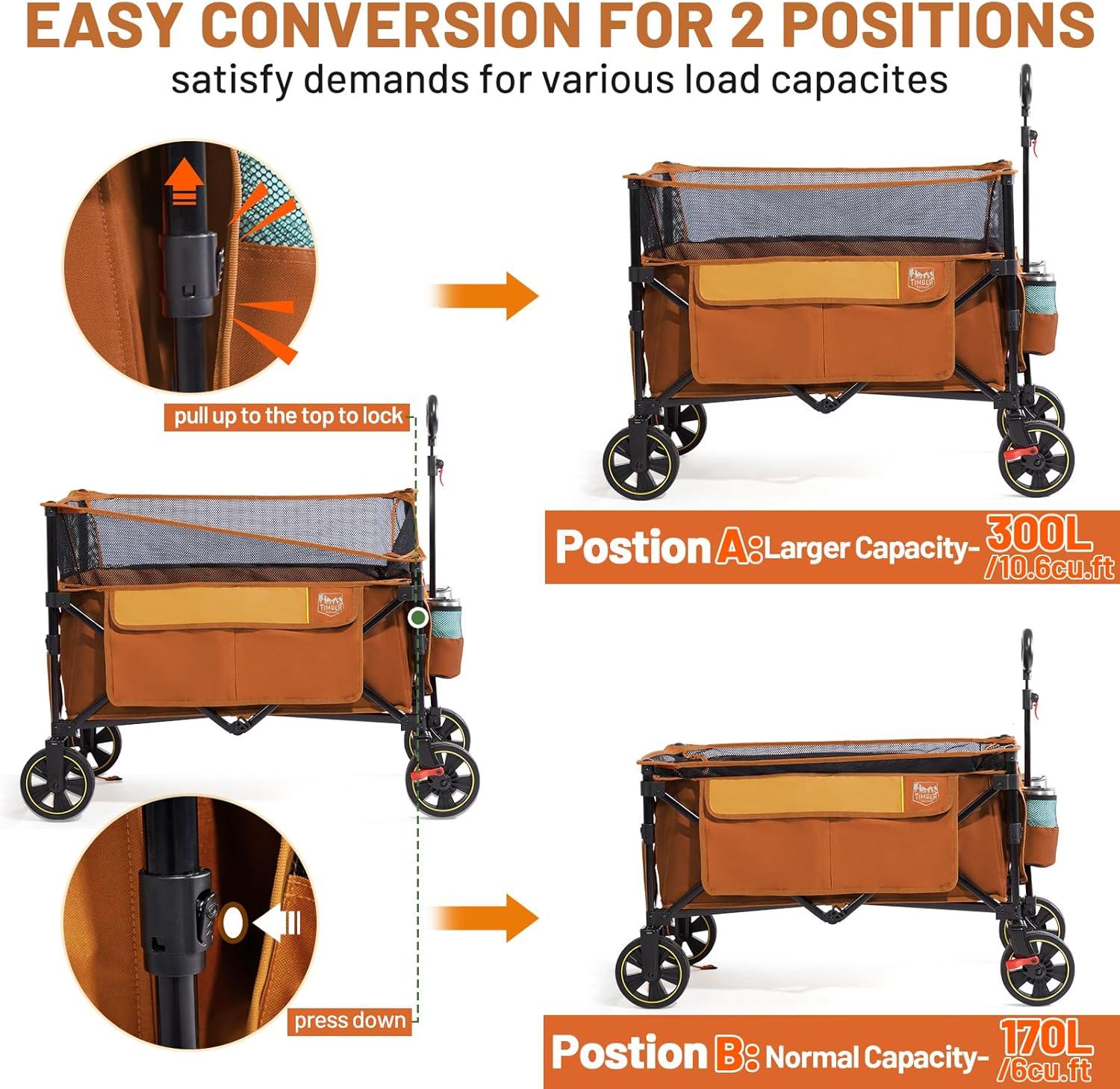 imageTimber Ridge 350L Extra Large Collapsible Folding Wagon Carts with Brake Heavy Duty Outdoor Camping Utility Wagons with Extended Height Adjustable Handle Cup Holders Side BagBlueOrange