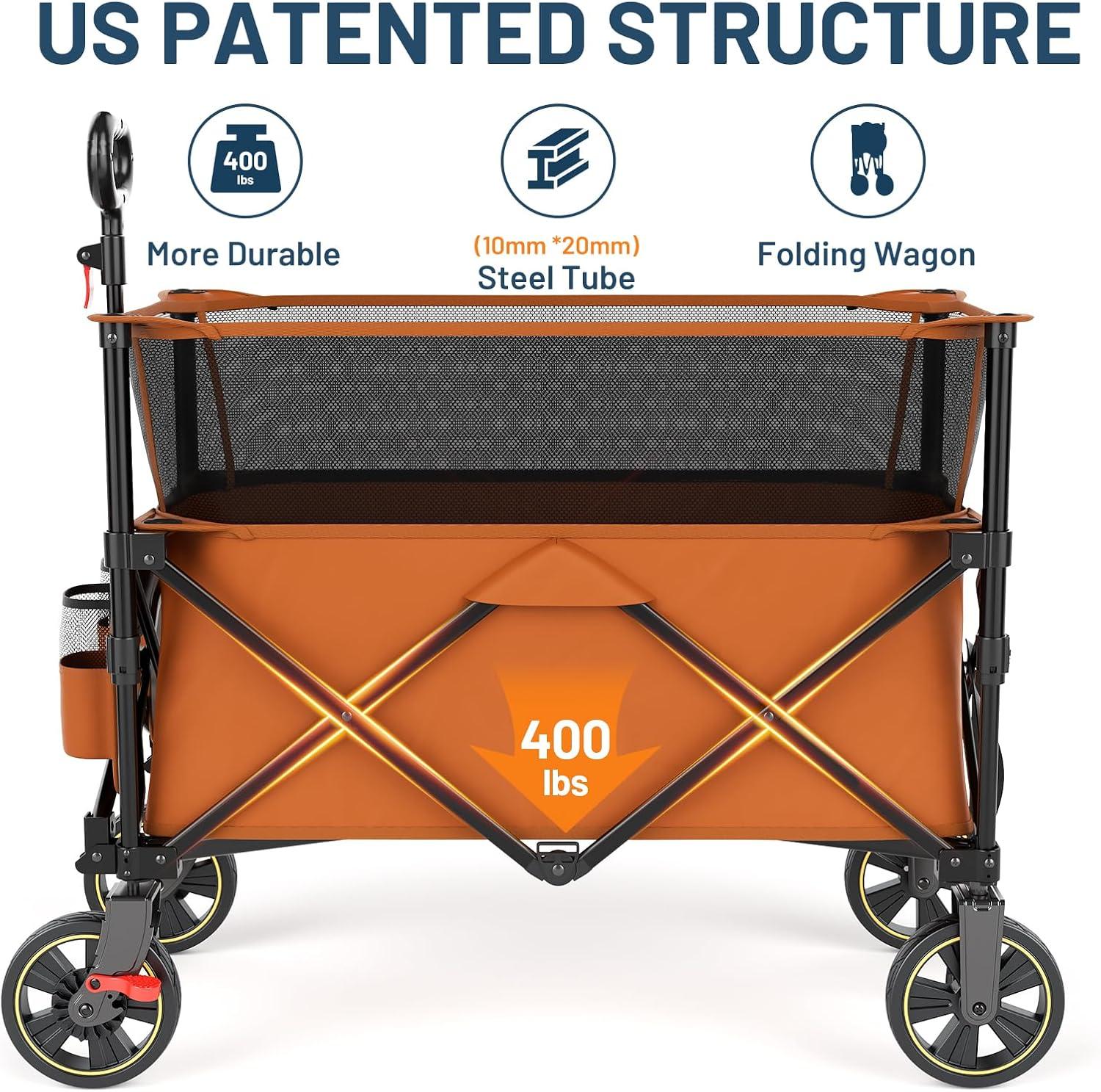 imageTimber Ridge 350L Extra Large Collapsible Folding Wagon Carts with Brake Heavy Duty Outdoor Camping Utility Wagons with Extended Height Adjustable Handle Cup Holders Side BagBlueOrange