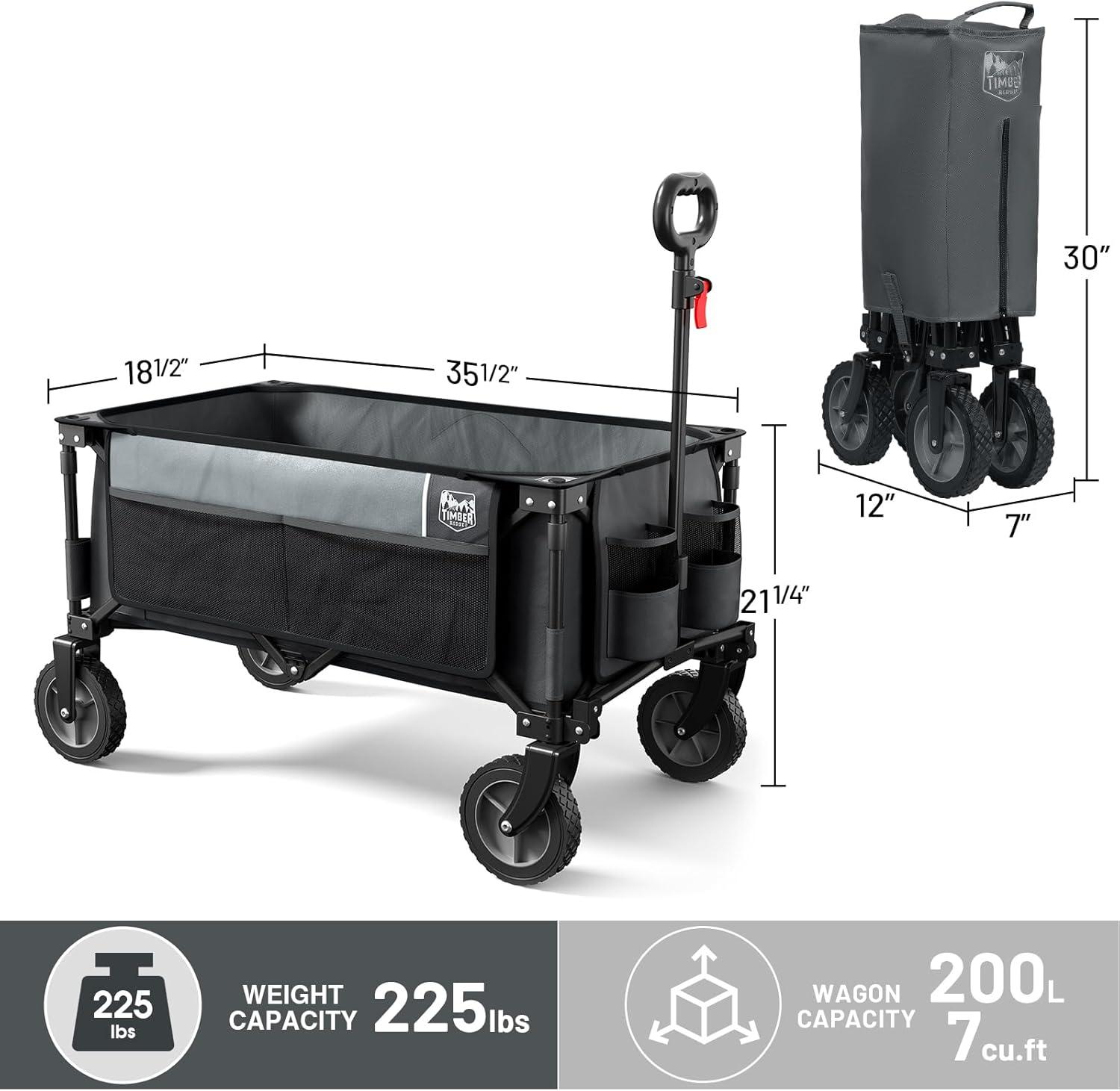 imageTimber Ridge 350L Extra Large Collapsible Folding Wagon Carts with Brake Heavy Duty Outdoor Camping Utility Wagons with Extended Height Adjustable Handle Cup Holders Side BagBlueGray