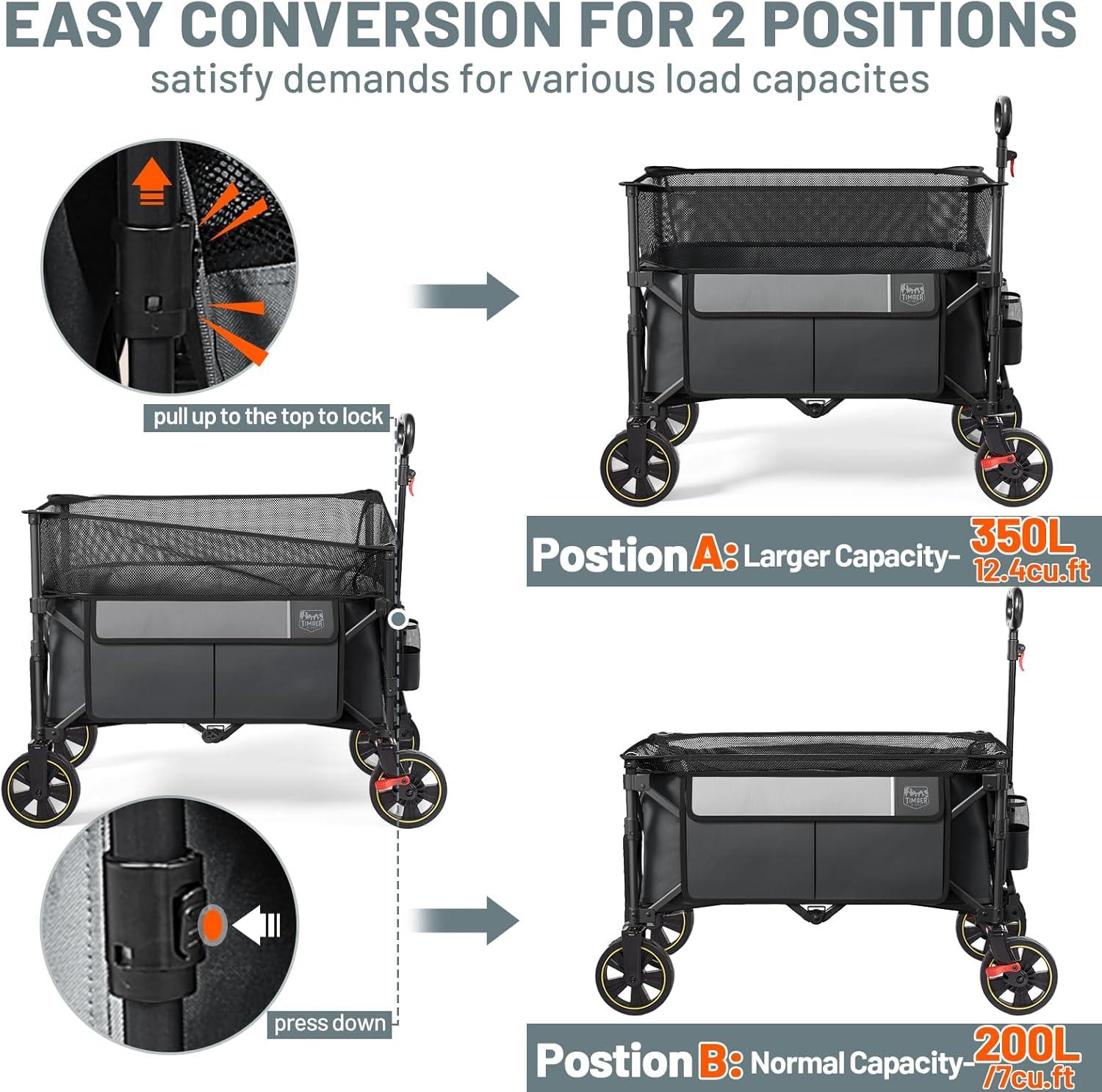 imageTimber Ridge 350L Extra Large Collapsible Folding Wagon Carts with Brake Heavy Duty Outdoor Camping Utility Wagons with Extended Height Adjustable Handle Cup Holders Side BagBlueGray