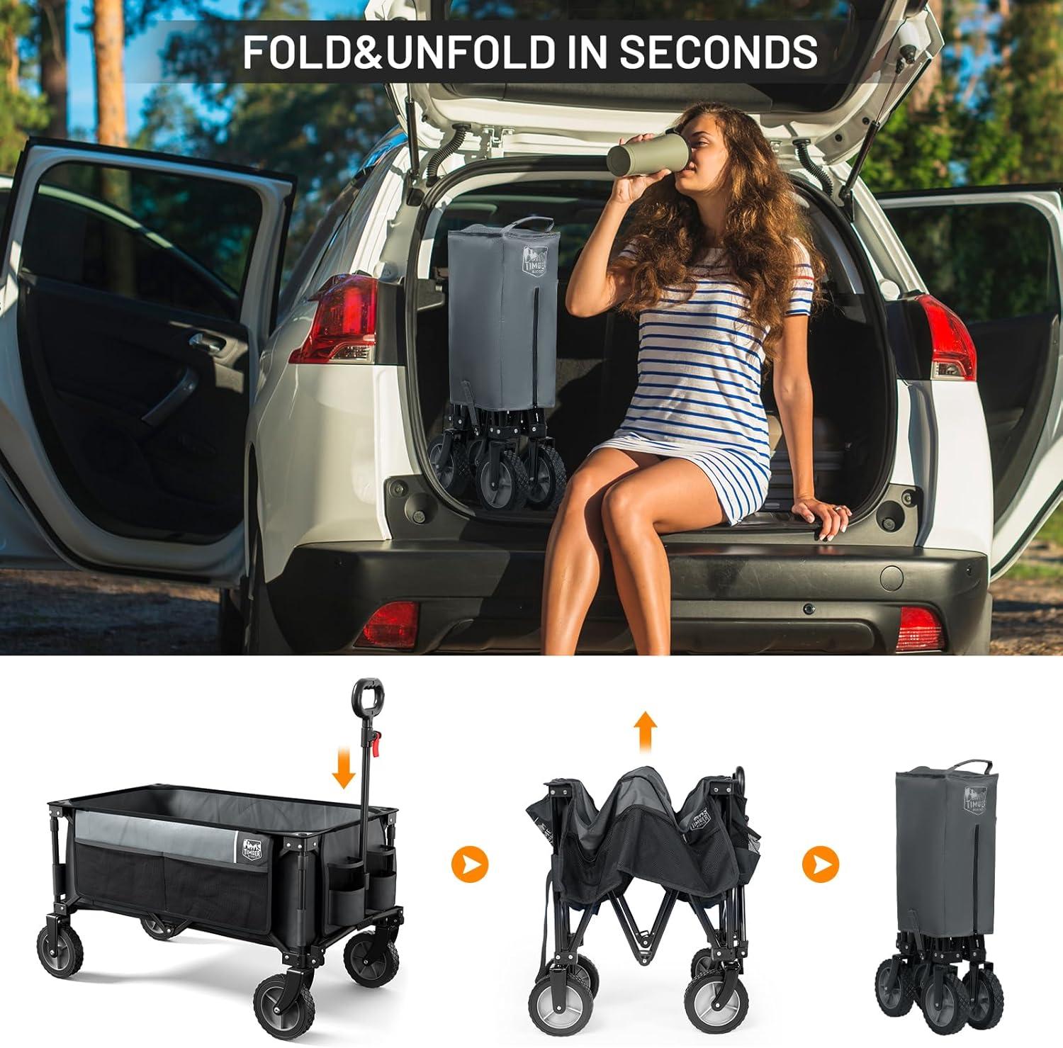 imageTimber Ridge 350L Extra Large Collapsible Folding Wagon Carts with Brake Heavy Duty Outdoor Camping Utility Wagons with Extended Height Adjustable Handle Cup Holders Side BagBlueGray