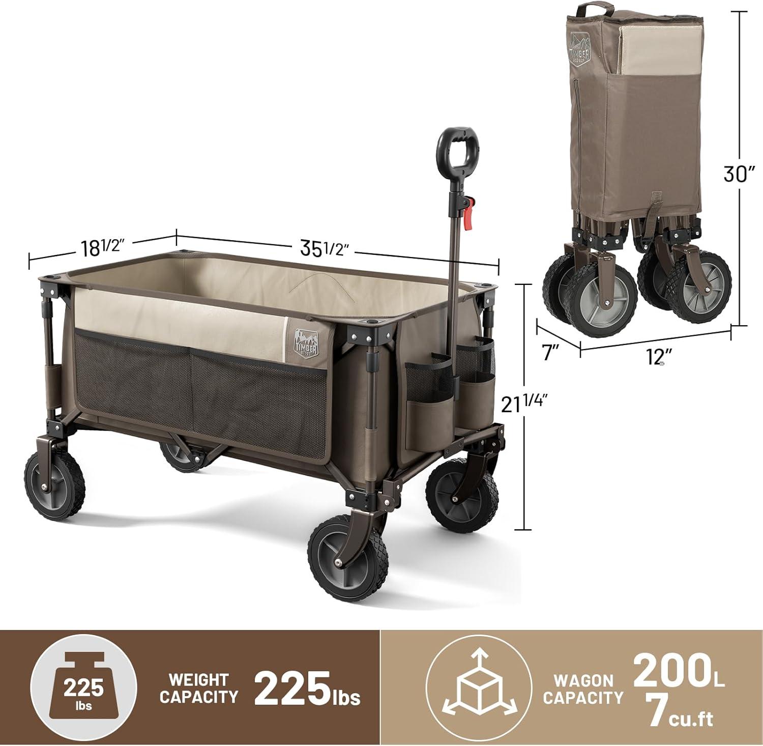 imageTimber Ridge 350L Extra Large Collapsible Folding Wagon Carts with Brake Heavy Duty Outdoor Camping Utility Wagons with Extended Height Adjustable Handle Cup Holders Side BagBlueTan