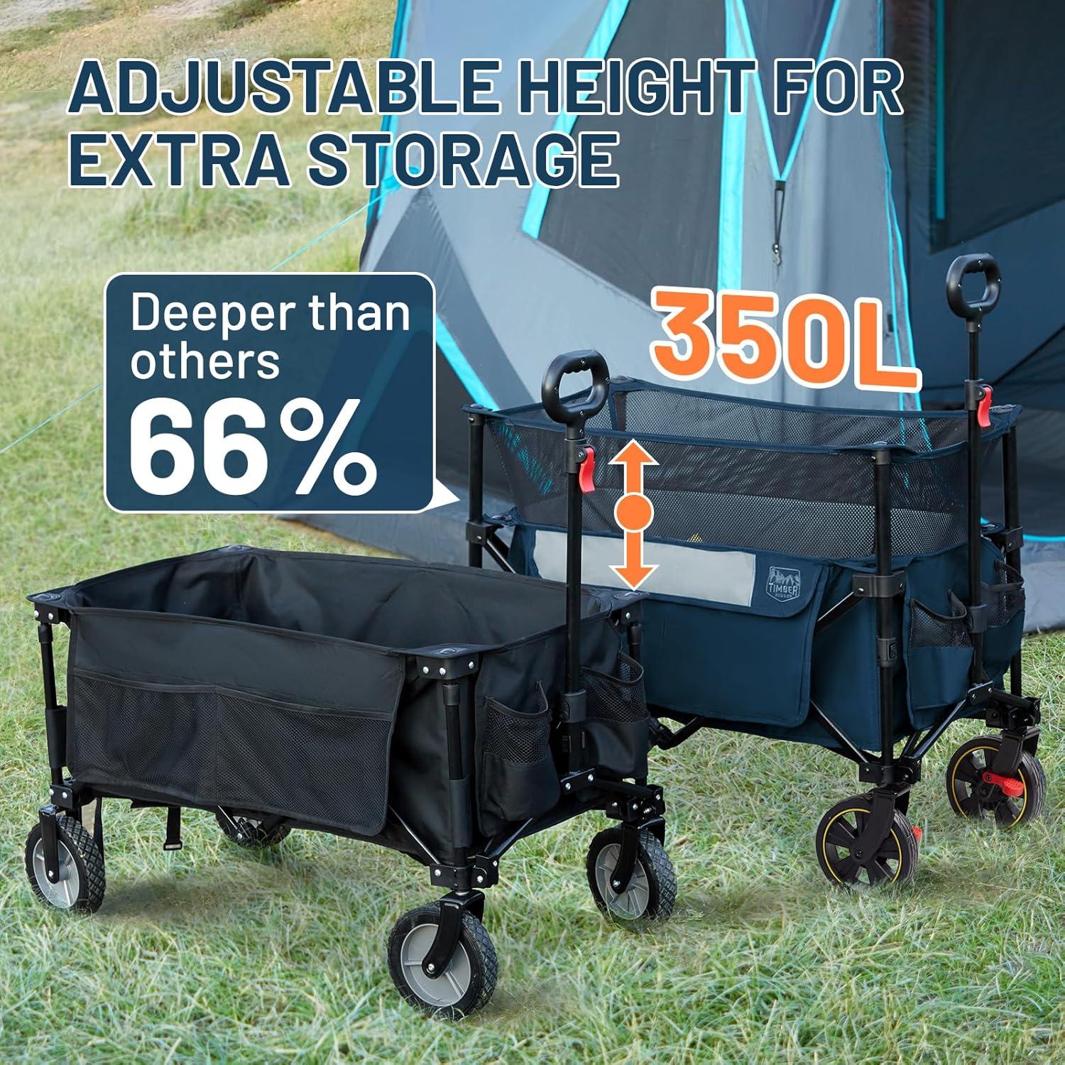 imageTimber Ridge 350L Extra Large Collapsible Folding Wagon Carts with Brake Heavy Duty Outdoor Camping Utility Wagons with Extended Height Adjustable Handle Cup Holders Side BagBlueBlue
