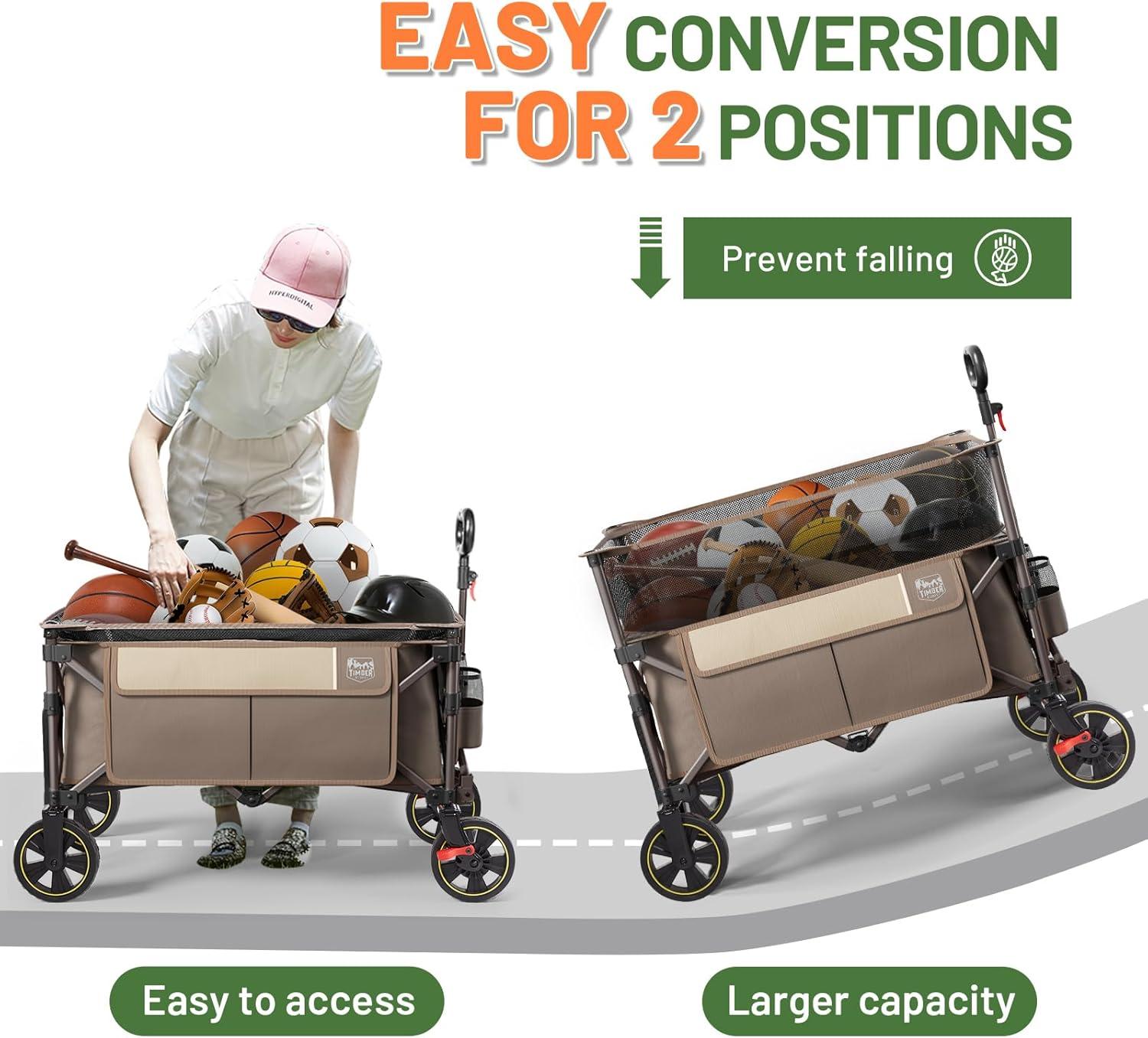 imageTimber Ridge 350L Extra Large Collapsible Folding Wagon Carts with Brake Heavy Duty Outdoor Camping Utility Wagons with Extended Height Adjustable Handle Cup Holders Side BagBlueTan