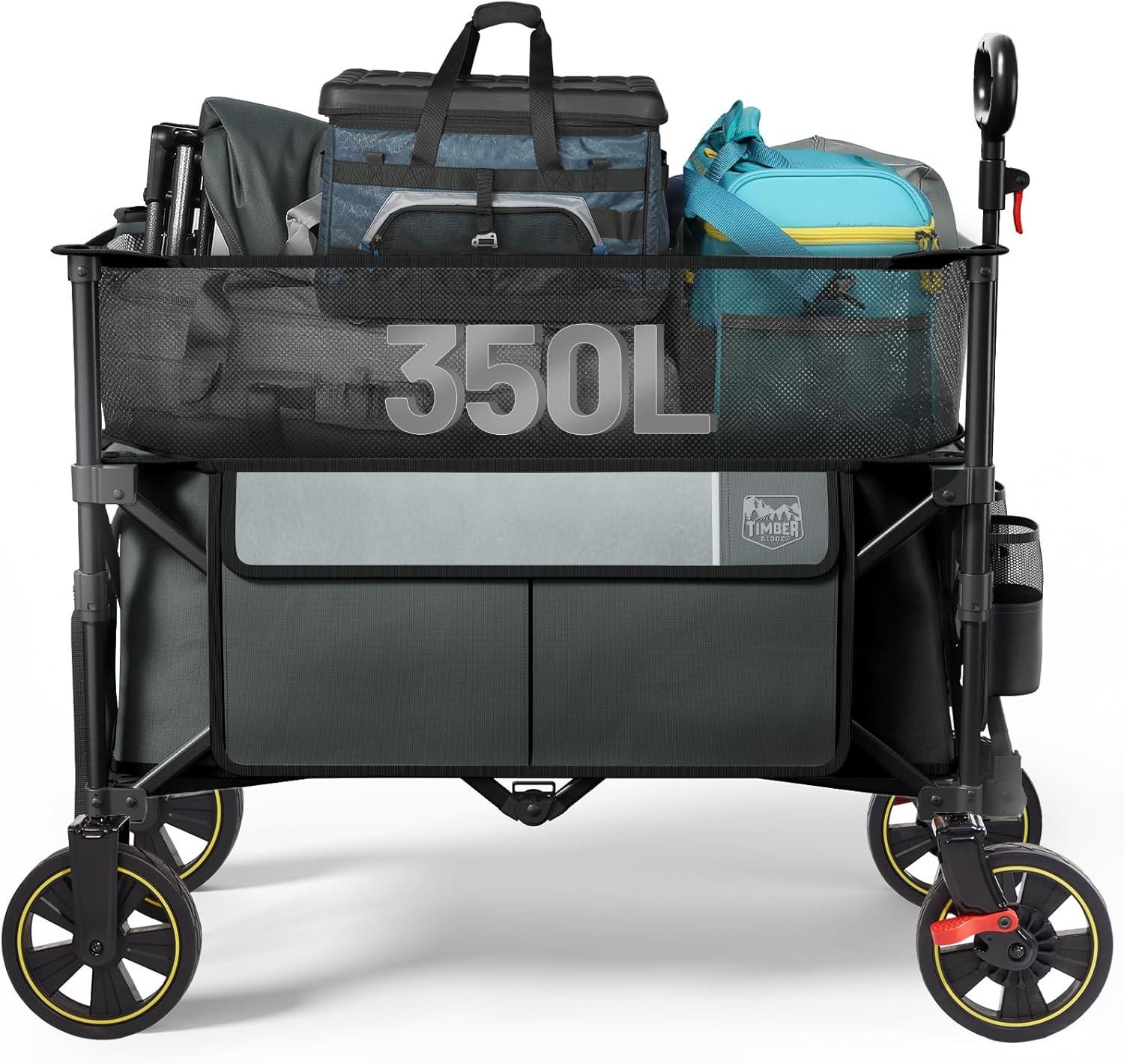 imageTimber Ridge 350L Extra Large Collapsible Folding Wagon Carts with Brake Heavy Duty Outdoor Camping Utility Wagons with Extended Height Adjustable Handle Cup Holders Side BagBlueGray