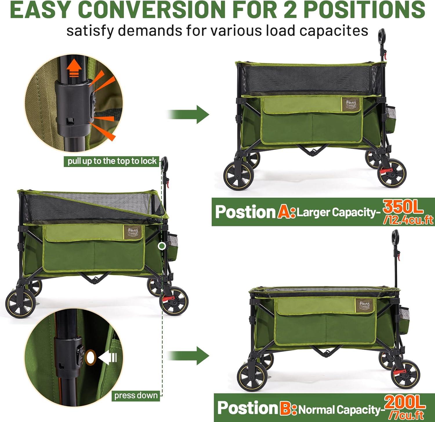 imageTimber Ridge 350L Extra Large Collapsible Folding Wagon Carts with Brake Heavy Duty Outdoor Camping Utility Wagons with Extended Height Adjustable Handle Cup Holders Side BagBlueGreen
