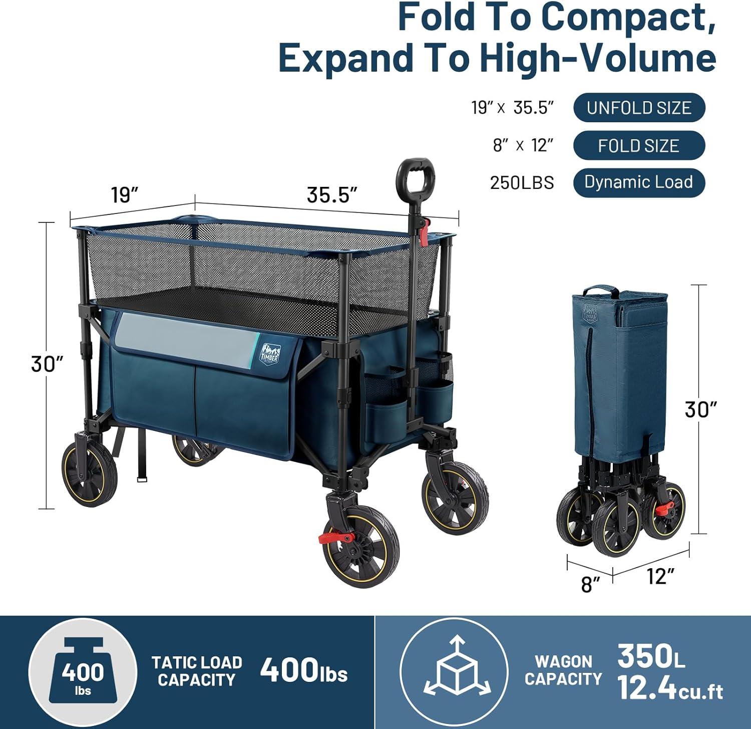 imageTimber Ridge 350L Extra Large Collapsible Folding Wagon Carts with Brake Heavy Duty Outdoor Camping Utility Wagons with Extended Height Adjustable Handle Cup Holders Side BagBlueBlue