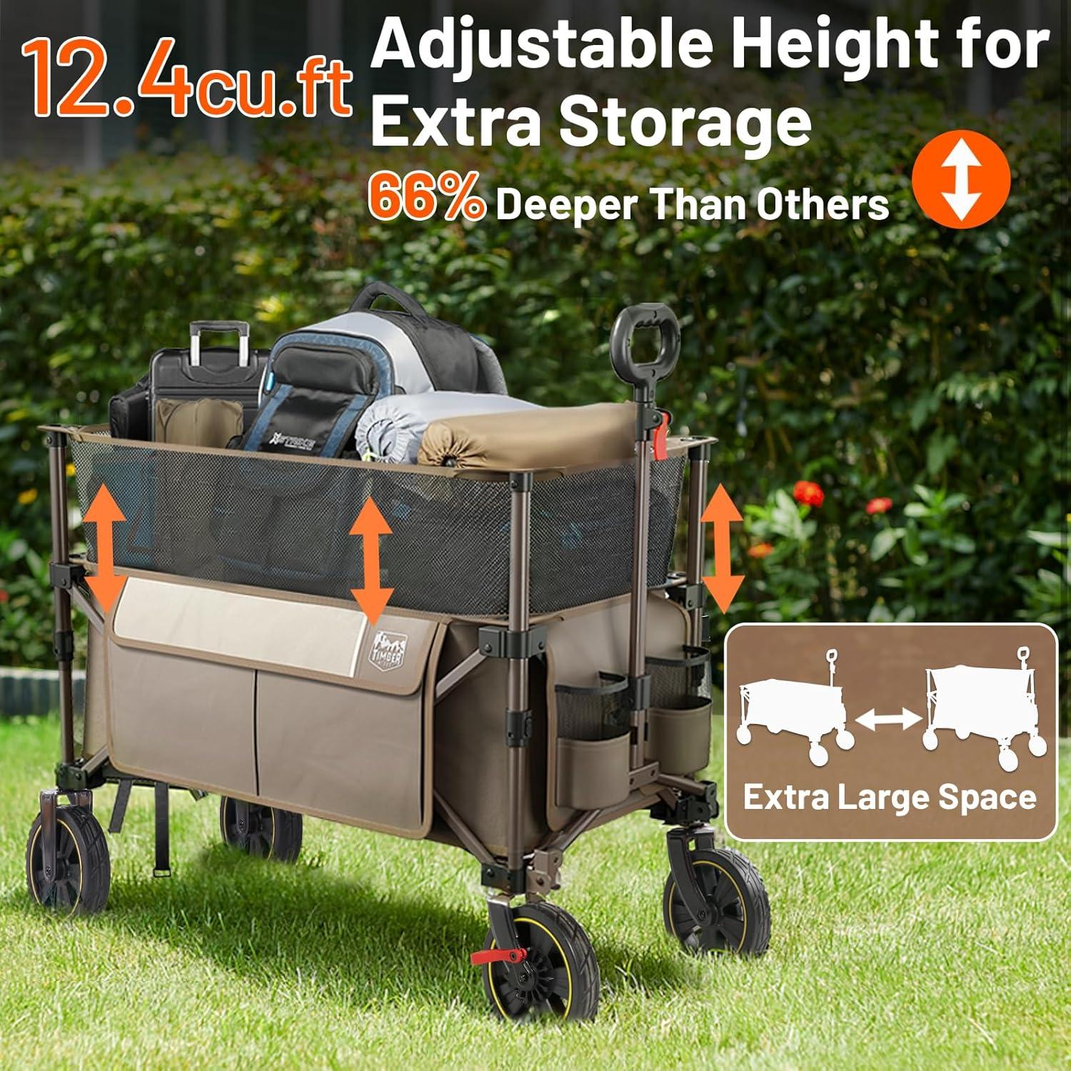 imageTimber Ridge 350L Extra Large Collapsible Folding Wagon Carts with Brake Heavy Duty Outdoor Camping Utility Wagons with Extended Height Adjustable Handle Cup Holders Side BagBlueTan