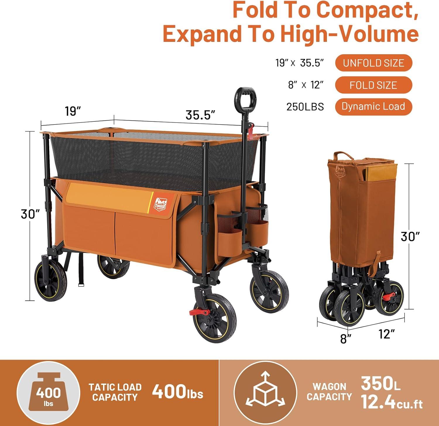imageTimber Ridge 350L Extra Large Collapsible Folding Wagon Carts with Brake Heavy Duty Outdoor Camping Utility Wagons with Extended Height Adjustable Handle Cup Holders Side BagBlueOrange
