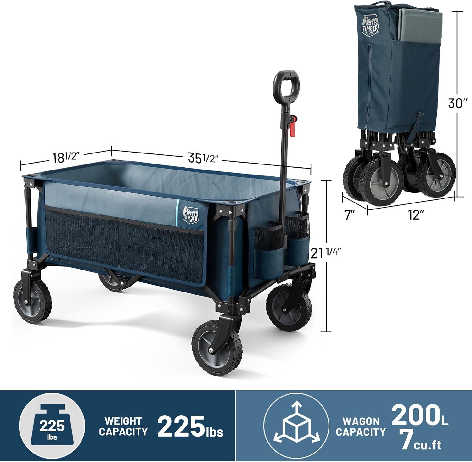 imageTimber Ridge 350L Extra Large Collapsible Folding Wagon Carts with Brake Heavy Duty Outdoor Camping Utility Wagons with Extended Height Adjustable Handle Cup Holders Side BagBlueBlue