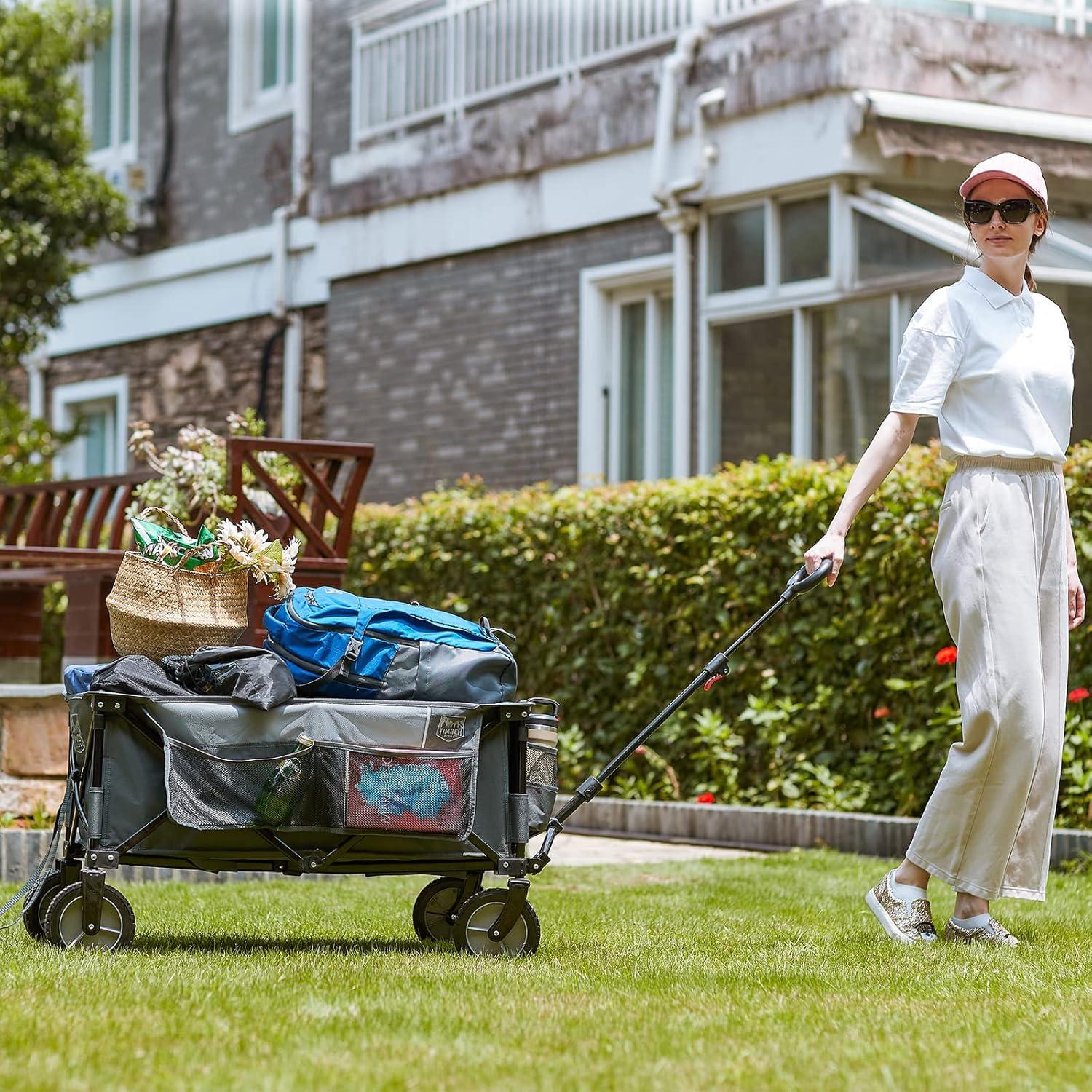 imageTimber Ridge 350L Extra Large Collapsible Folding Wagon Carts with Brake Heavy Duty Outdoor Camping Utility Wagons with Extended Height Adjustable Handle Cup Holders Side BagBlueGray