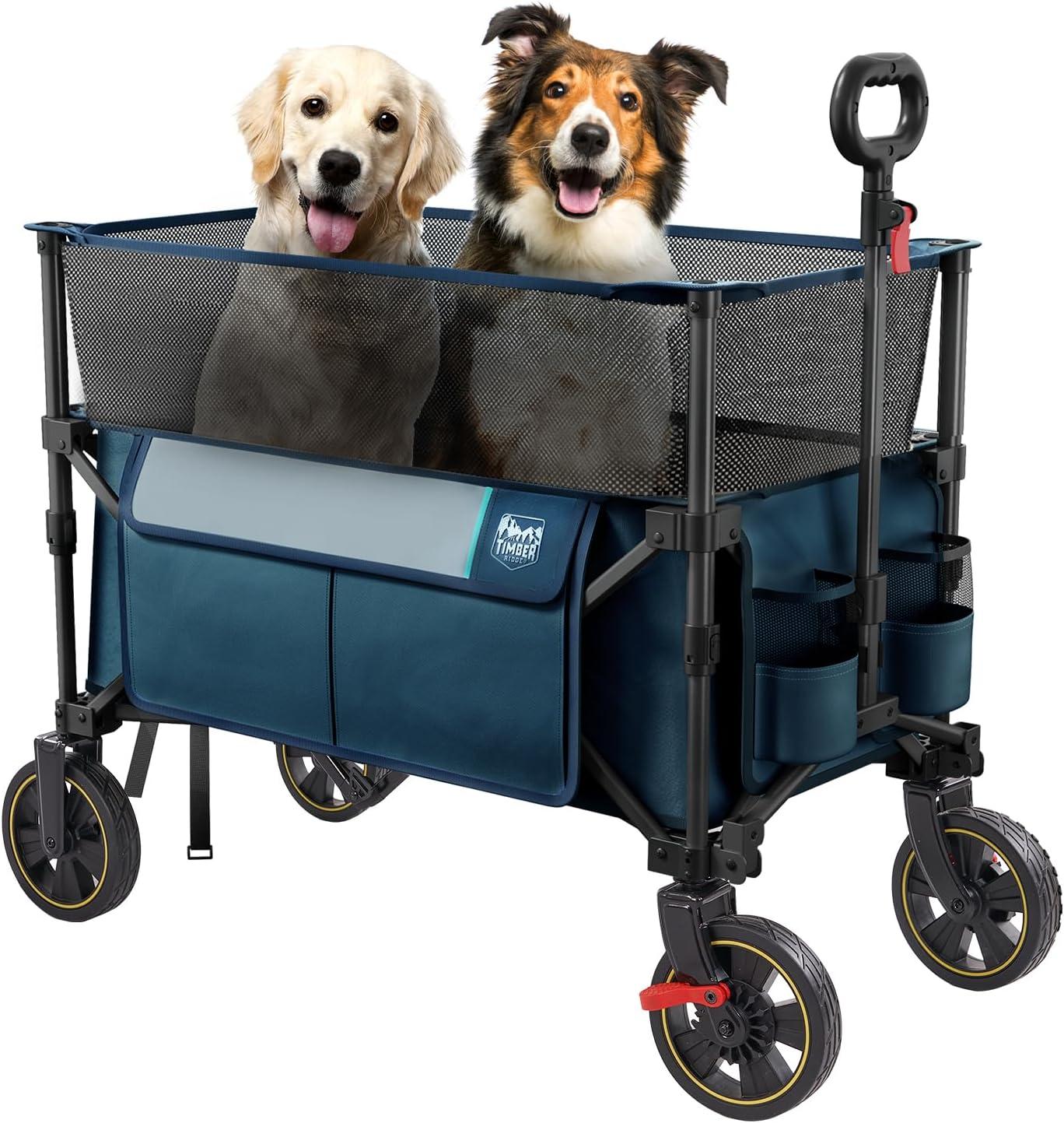 imageTimber Ridge 350L Extra Large Collapsible Folding Wagon Carts with Brake Heavy Duty Outdoor Camping Utility Wagons with Extended Height Adjustable Handle Cup Holders Side BagBlueBlue