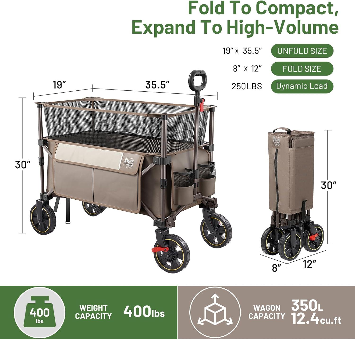 imageTimber Ridge 350L Extra Large Collapsible Folding Wagon Carts with Brake Heavy Duty Outdoor Camping Utility Wagons with Extended Height Adjustable Handle Cup Holders Side BagBlueTan