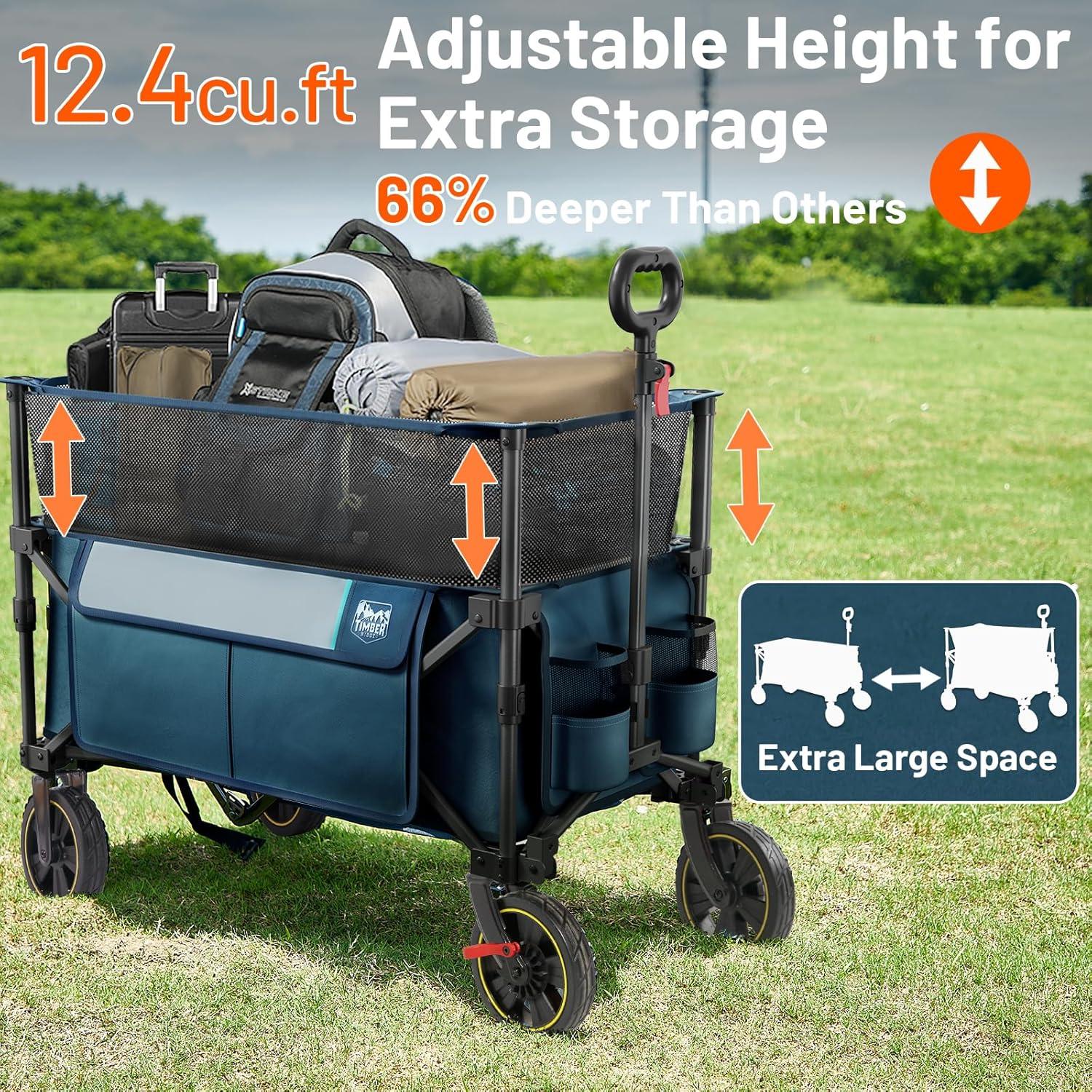 imageTimber Ridge 350L Extra Large Collapsible Folding Wagon Carts with Brake Heavy Duty Outdoor Camping Utility Wagons with Extended Height Adjustable Handle Cup Holders Side BagBlueBlue