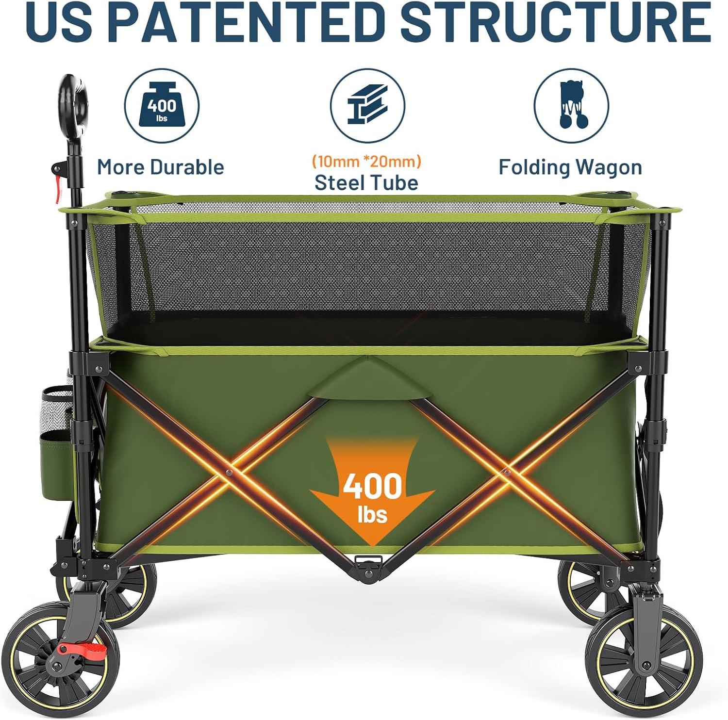 imageTimber Ridge 350L Extra Large Collapsible Folding Wagon Carts with Brake Heavy Duty Outdoor Camping Utility Wagons with Extended Height Adjustable Handle Cup Holders Side BagBlueGreen
