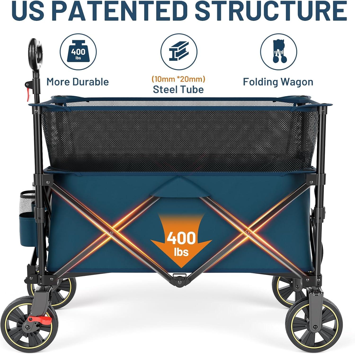 imageTimber Ridge 350L Extra Large Collapsible Folding Wagon Carts with Brake Heavy Duty Outdoor Camping Utility Wagons with Extended Height Adjustable Handle Cup Holders Side BagBlueBlue