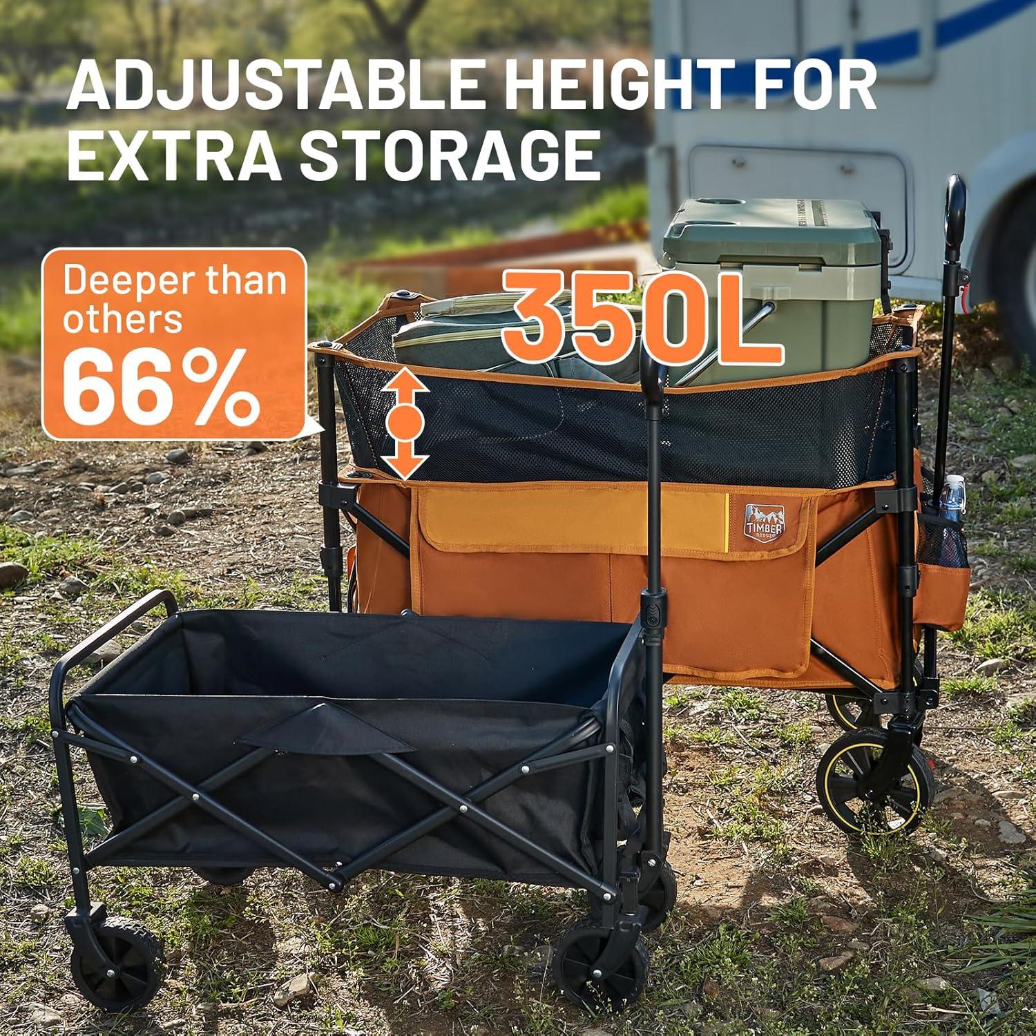 imageTimber Ridge 350L Extra Large Collapsible Folding Wagon Carts with Brake Heavy Duty Outdoor Camping Utility Wagons with Extended Height Adjustable Handle Cup Holders Side BagBlueOrange