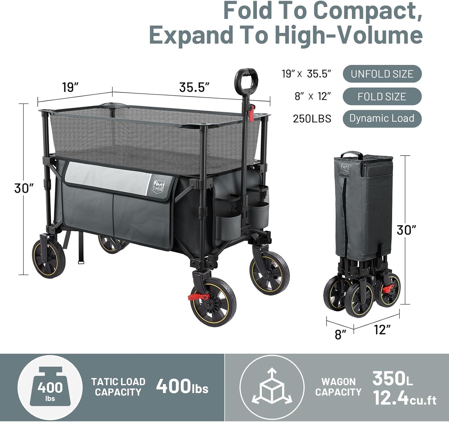 imageTimber Ridge 350L Extra Large Collapsible Folding Wagon Carts with Brake Heavy Duty Outdoor Camping Utility Wagons with Extended Height Adjustable Handle Cup Holders Side BagBlueGray