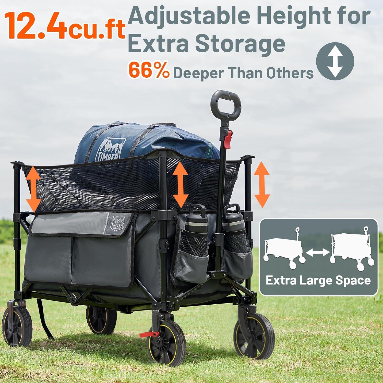 imageTimber Ridge 350L Extra Large Collapsible Folding Wagon Carts with Brake Heavy Duty Outdoor Camping Utility Wagons with Extended Height Adjustable Handle Cup Holders Side BagBlueGray
