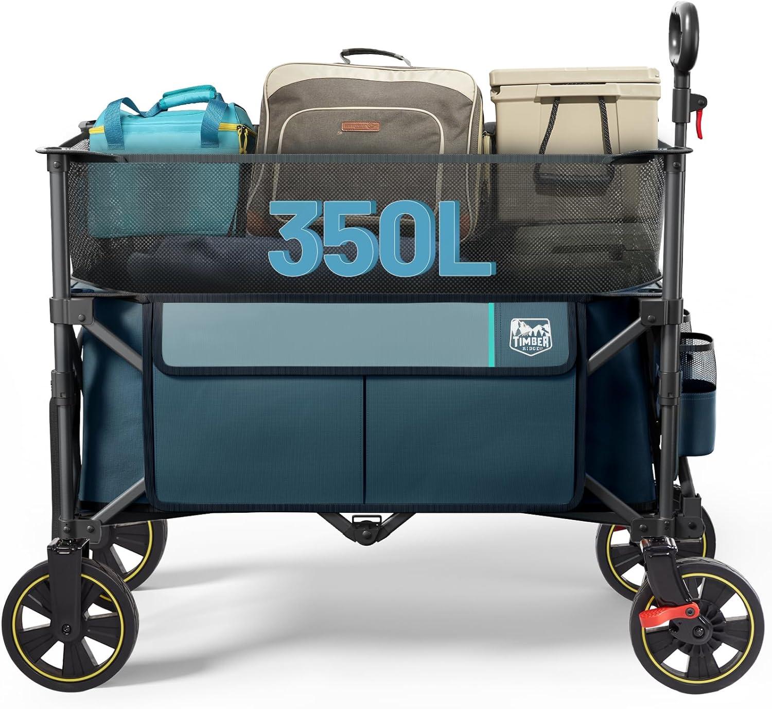 imageTimber Ridge 350L Extra Large Collapsible Folding Wagon Carts with Brake Heavy Duty Outdoor Camping Utility Wagons with Extended Height Adjustable Handle Cup Holders Side BagBlueBlue