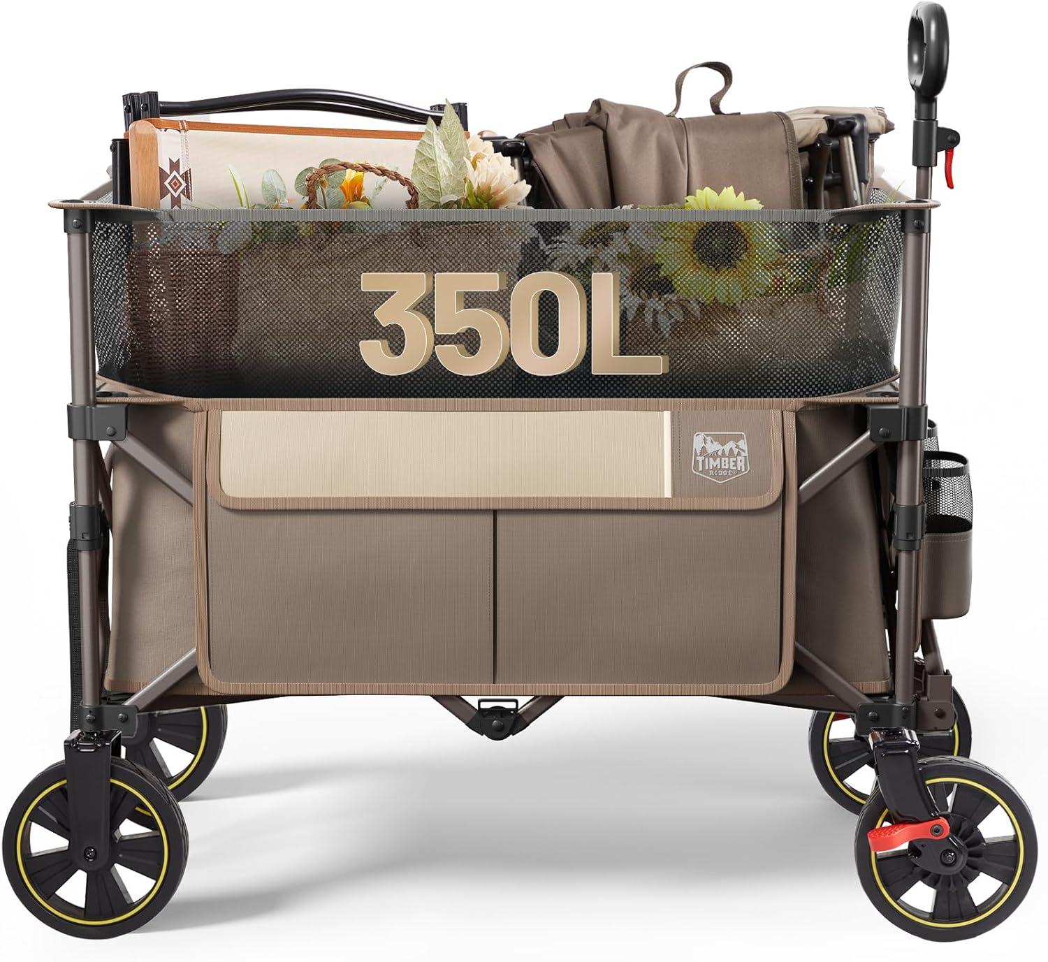 imageTimber Ridge 350L Extra Large Collapsible Folding Wagon Carts with Brake Heavy Duty Outdoor Camping Utility Wagons with Extended Height Adjustable Handle Cup Holders Side BagBlueTan