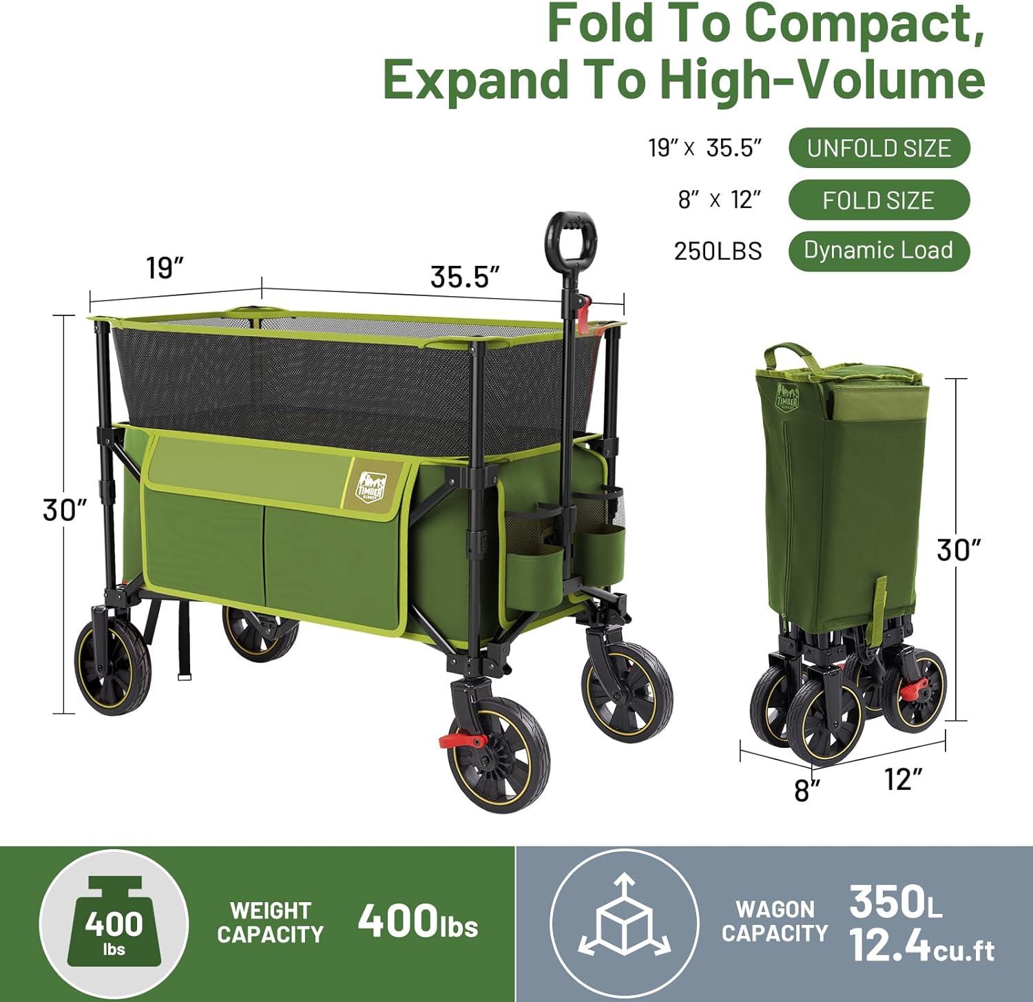 imageTimber Ridge 350L Extra Large Collapsible Folding Wagon Carts with Brake Heavy Duty Outdoor Camping Utility Wagons with Extended Height Adjustable Handle Cup Holders Side BagBlueGreen