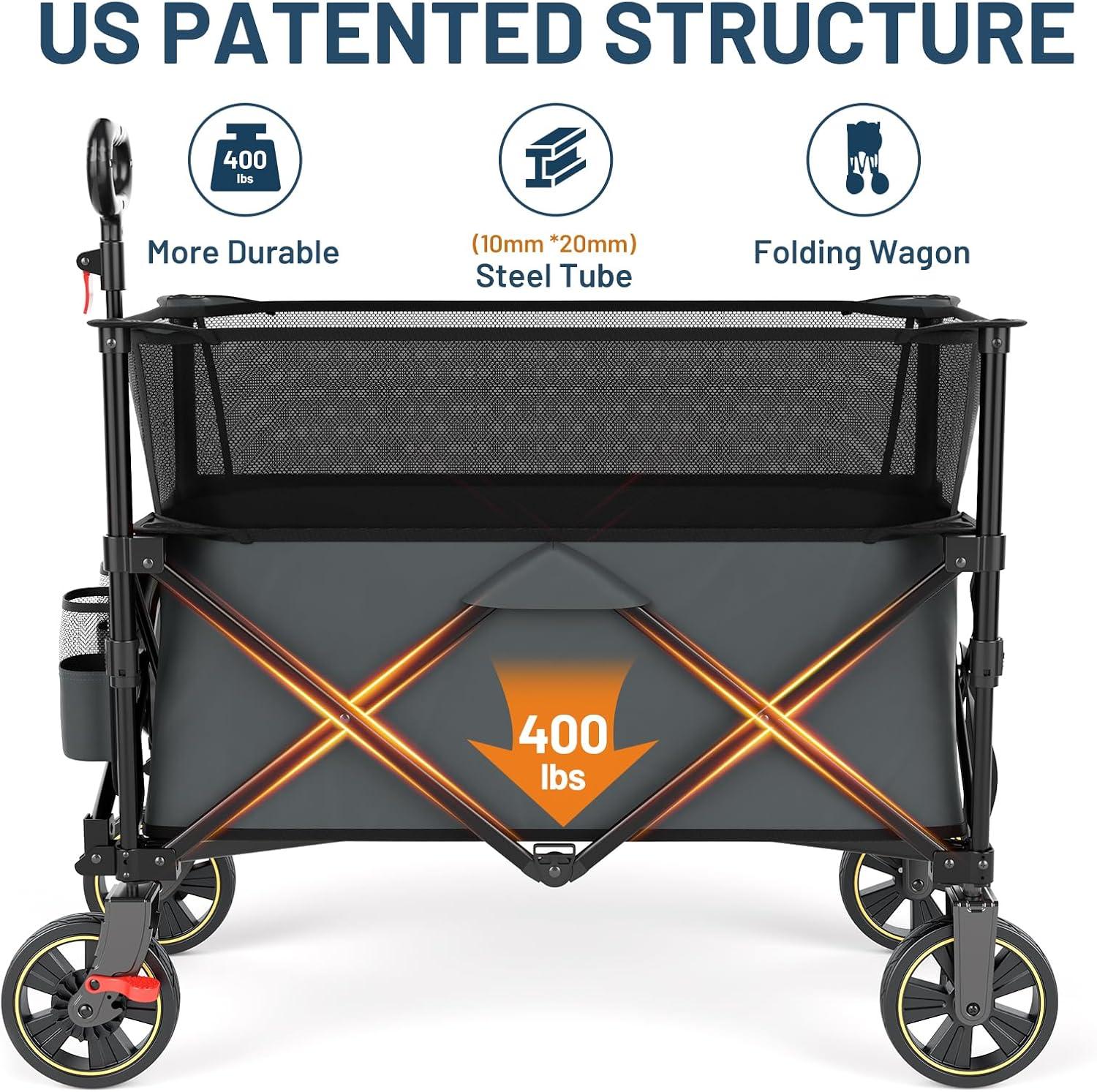 imageTimber Ridge 350L Extra Large Collapsible Folding Wagon Carts with Brake Heavy Duty Outdoor Camping Utility Wagons with Extended Height Adjustable Handle Cup Holders Side BagBlueGray