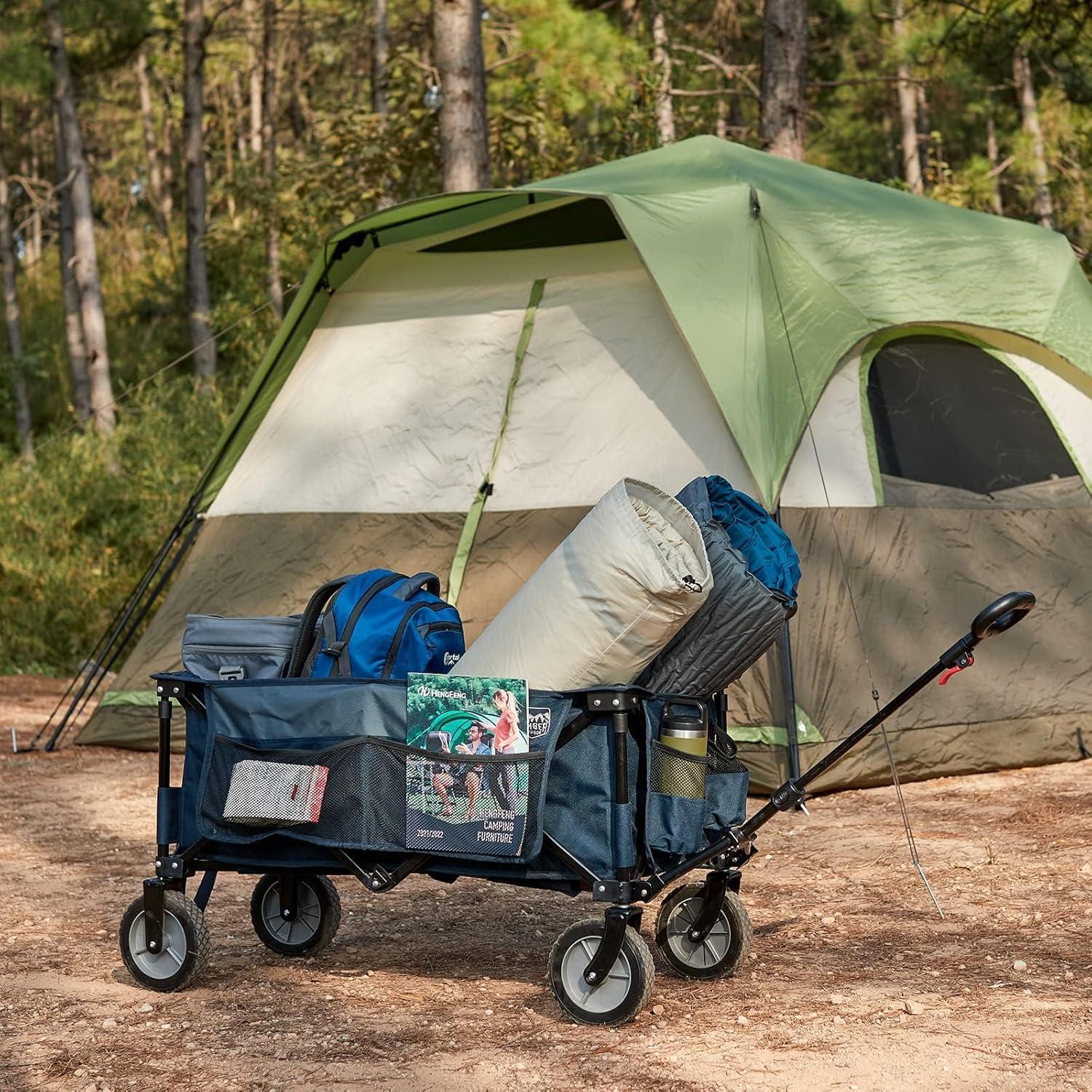 imageTimber Ridge 350L Extra Large Collapsible Folding Wagon Carts with Brake Heavy Duty Outdoor Camping Utility Wagons with Extended Height Adjustable Handle Cup Holders Side BagBlueBlue